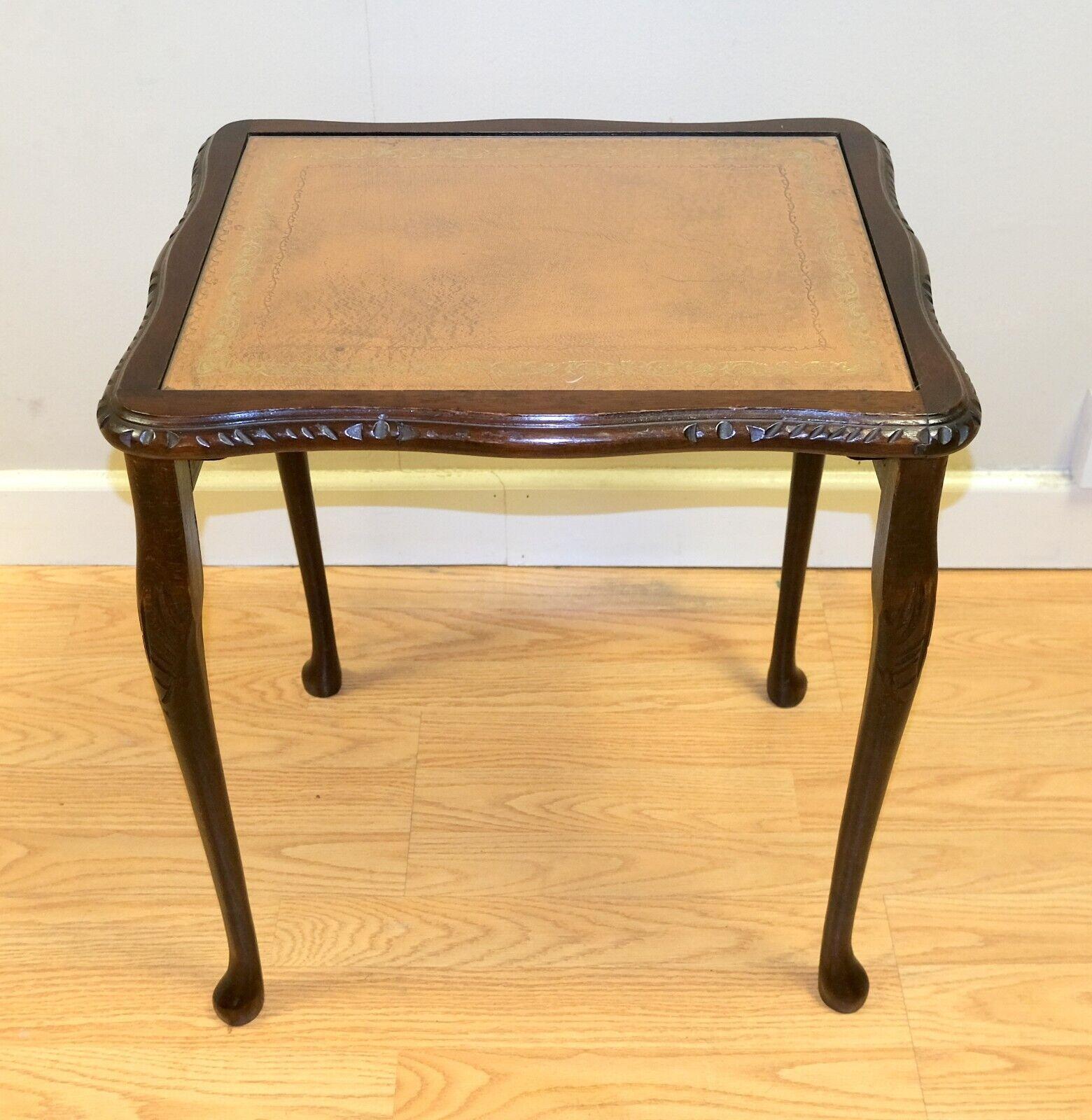 Lovely Bevan Funnell Hardwood Nest of Tables with Brown Leather & Glass Tops 1