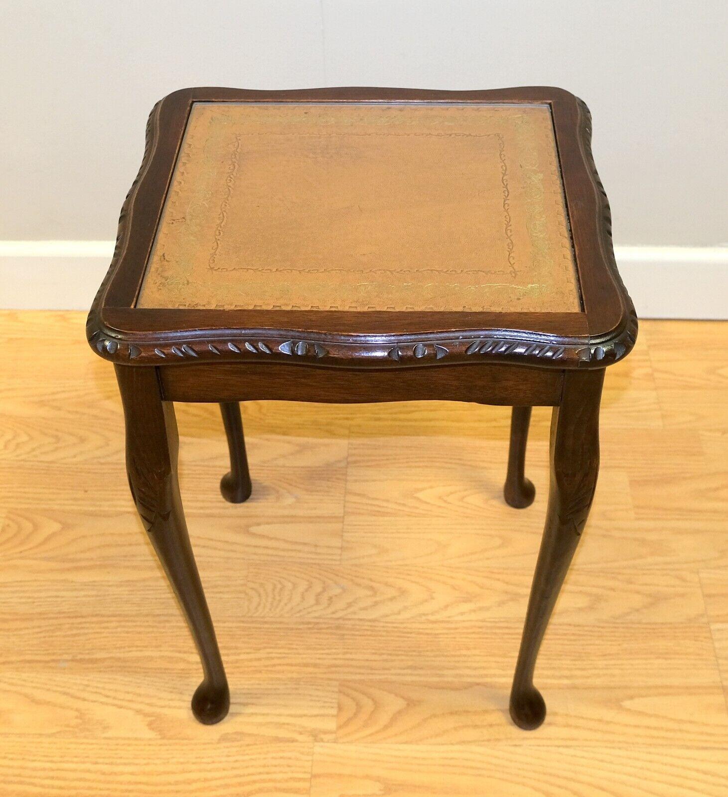 Lovely Bevan Funnell Hardwood Nest of Tables with Brown Leather & Glass Tops 2