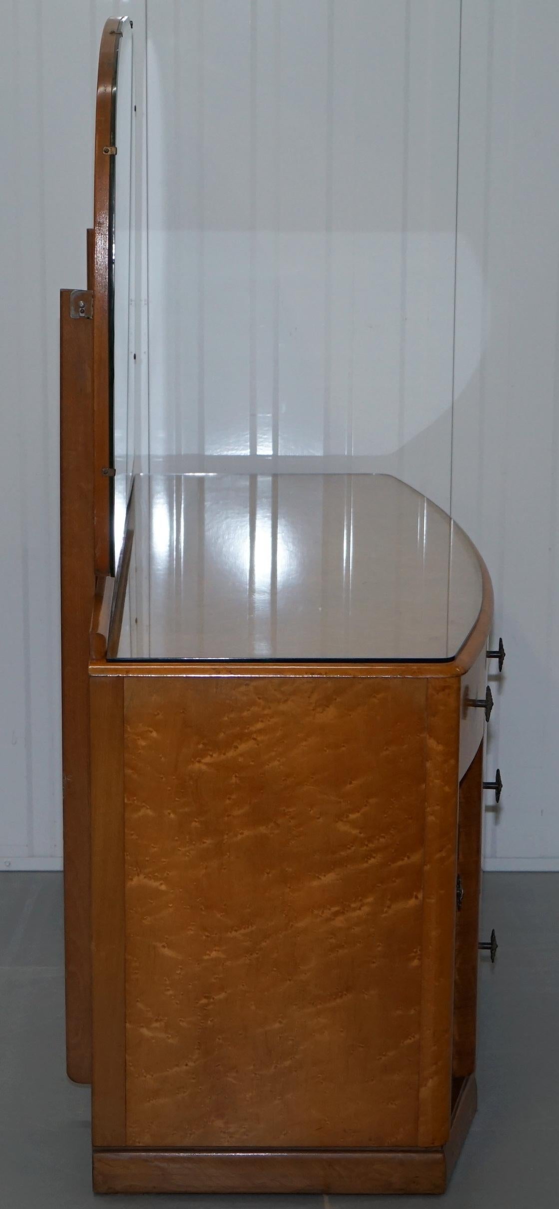 Lovely Birdseye Maple Dressing Table, Glass Top & Mirror by Tudor Rose Bros Ltd 2