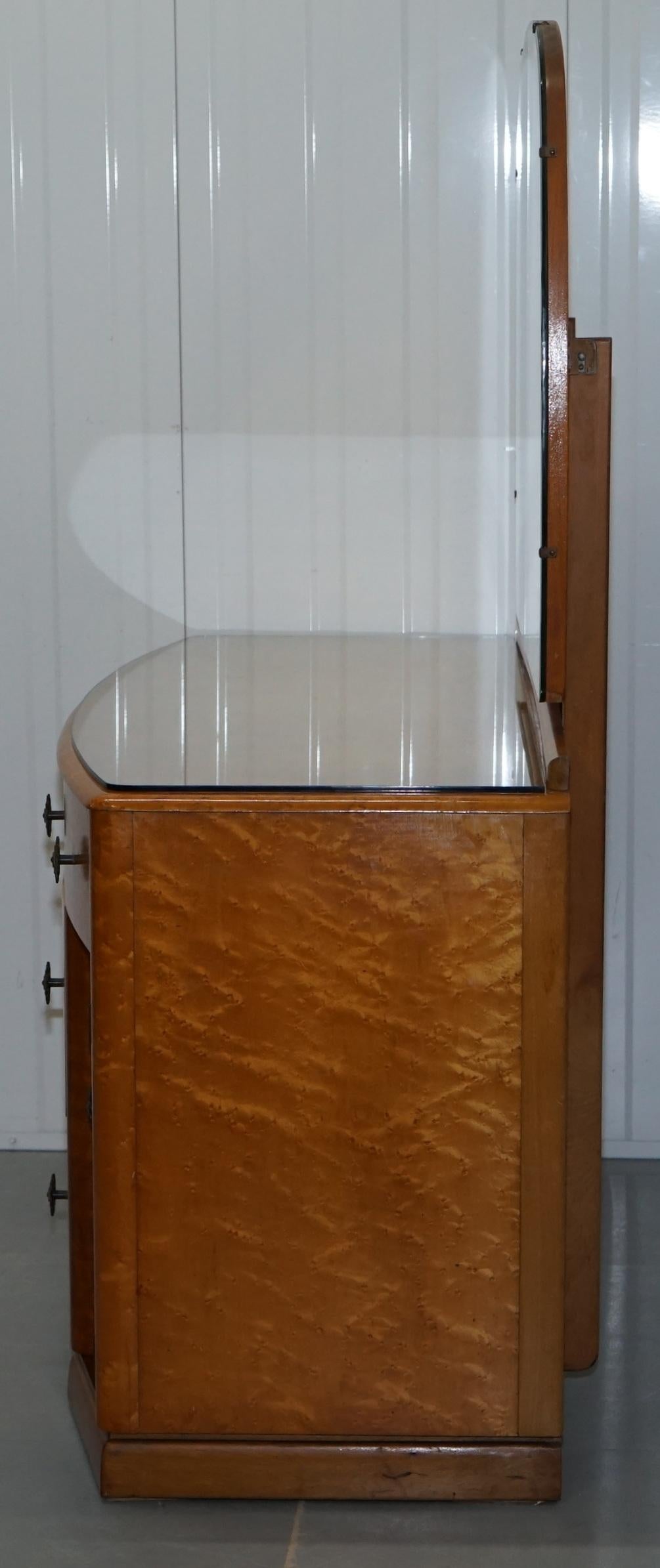 Lovely Birdseye Maple Dressing Table, Glass Top & Mirror by Tudor Rose Bros Ltd 4