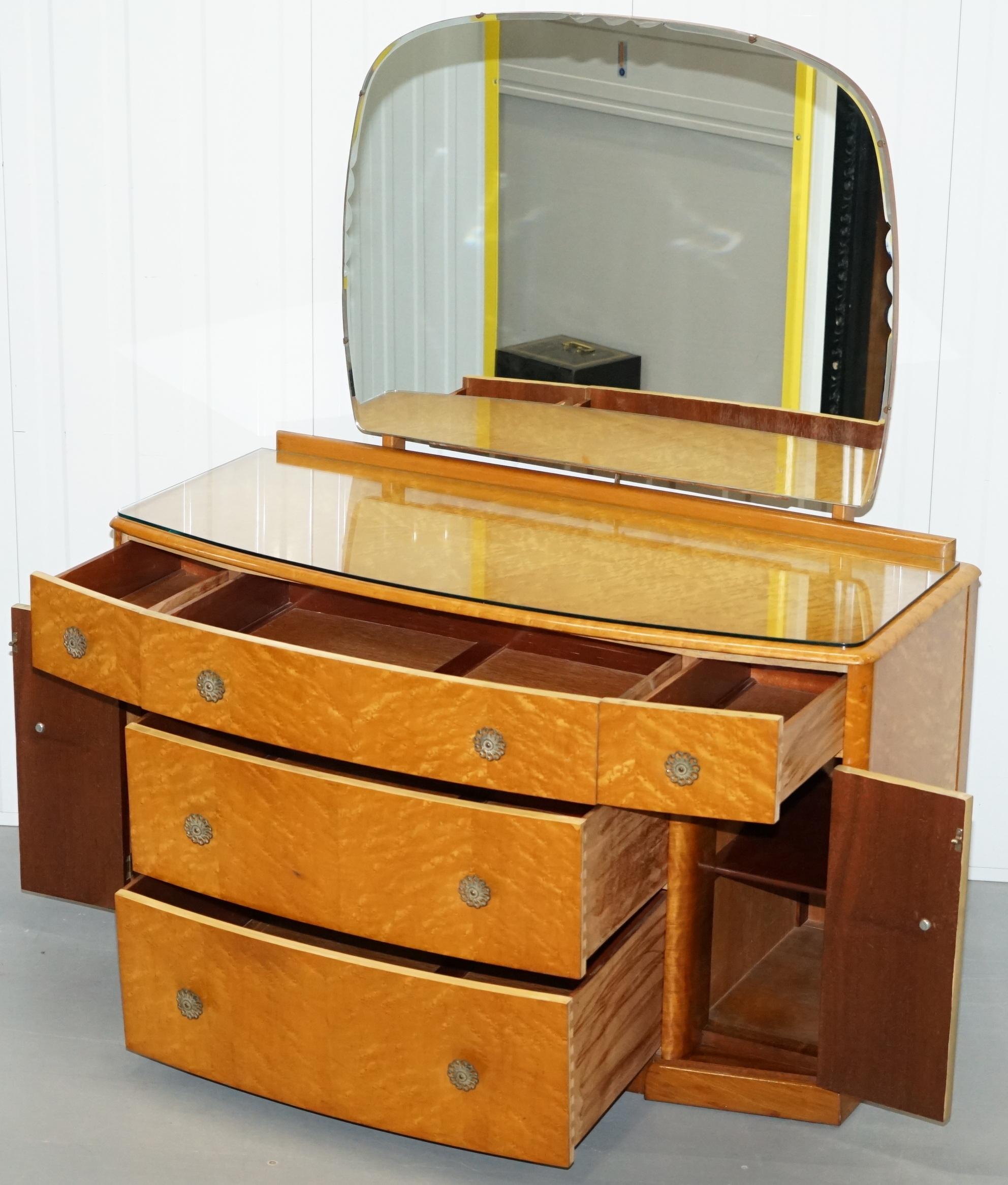 Lovely Birdseye Maple Dressing Table, Glass Top & Mirror by Tudor Rose Bros Ltd 6