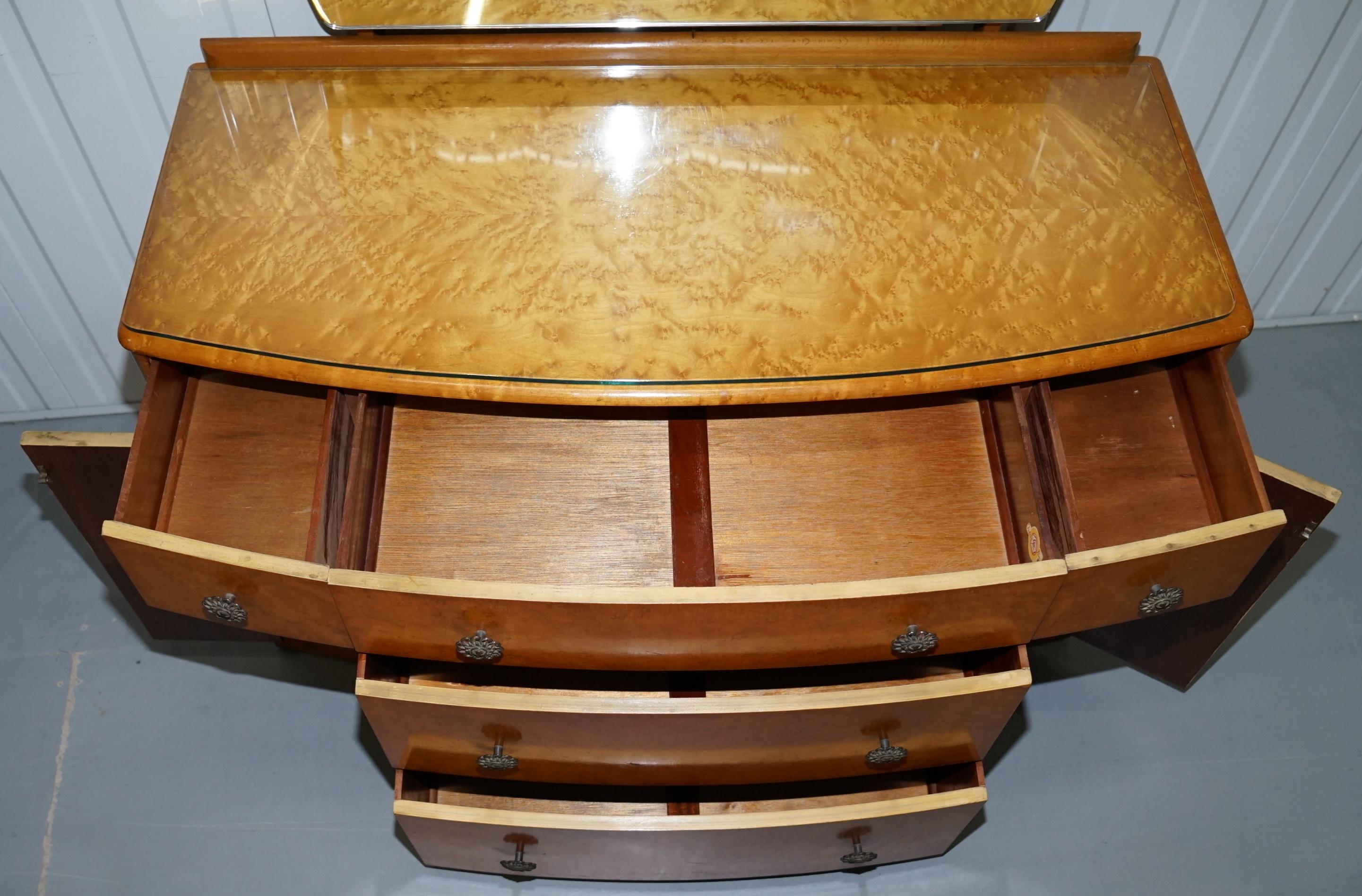 Lovely Birdseye Maple Dressing Table, Glass Top & Mirror by Tudor Rose Bros Ltd 7