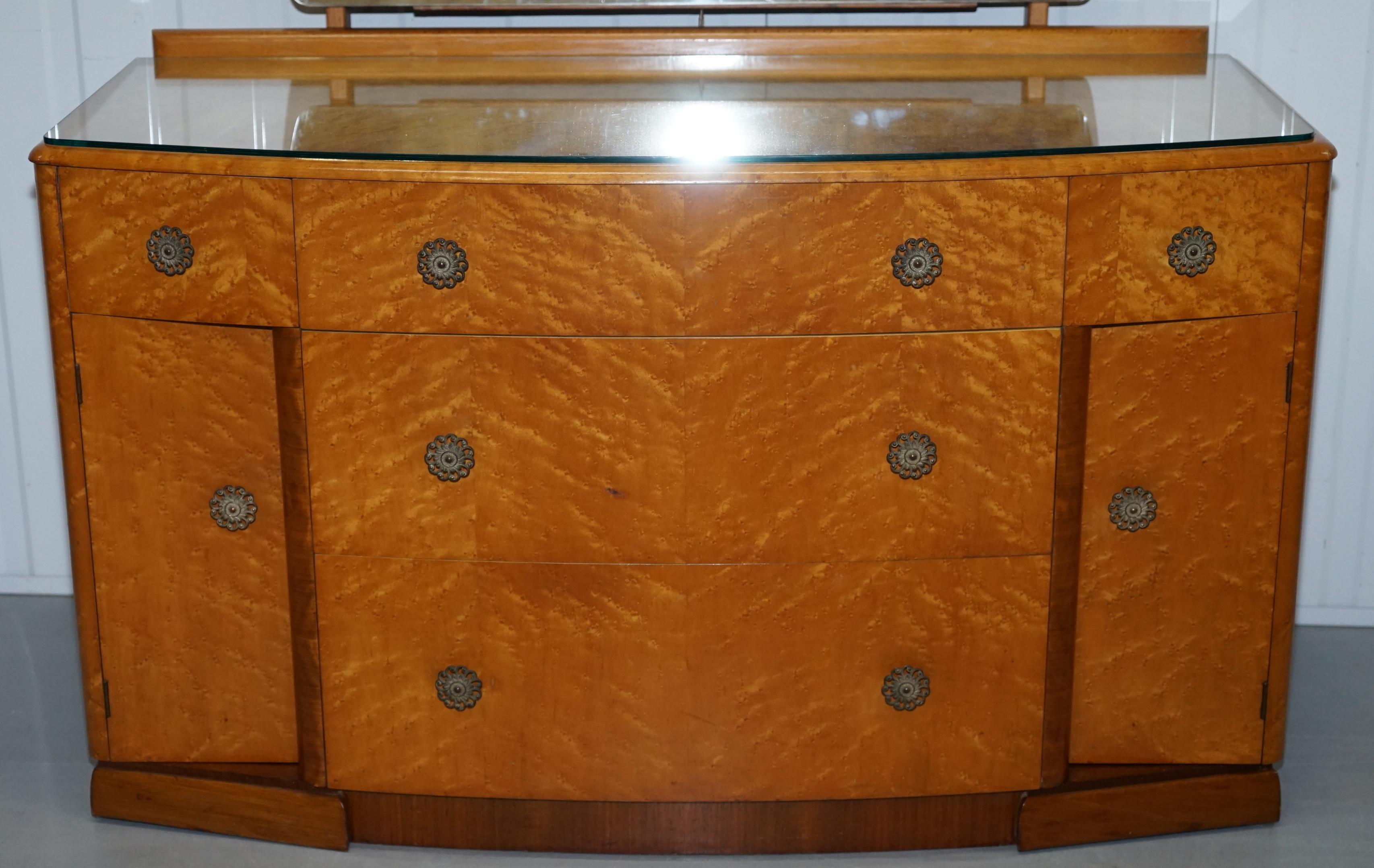Hand-Crafted Lovely Birdseye Maple Dressing Table, Glass Top & Mirror by Tudor Rose Bros Ltd