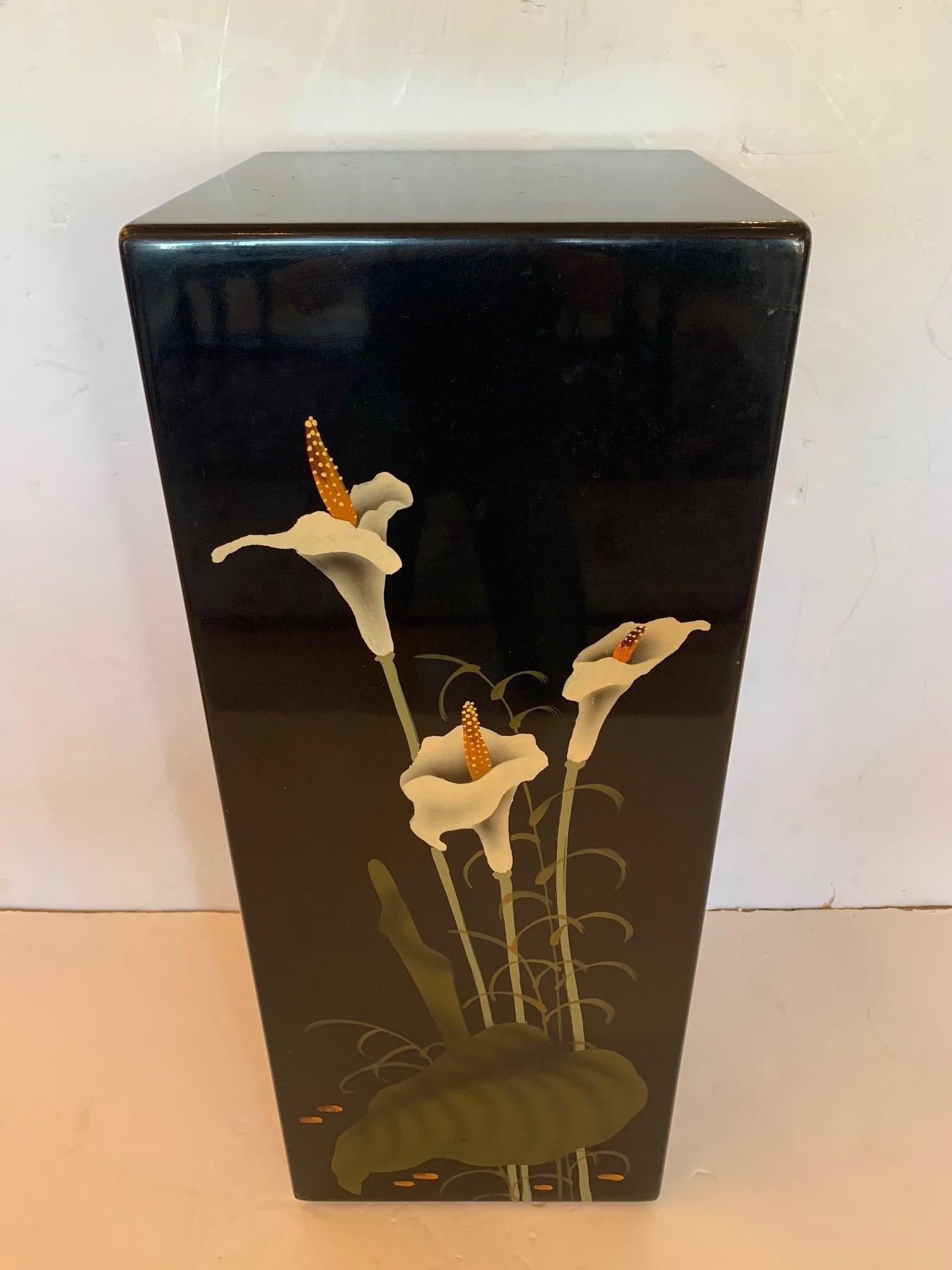 Wood Lovely Black Lacquer Square Pedestal with Calla Lillies For Sale