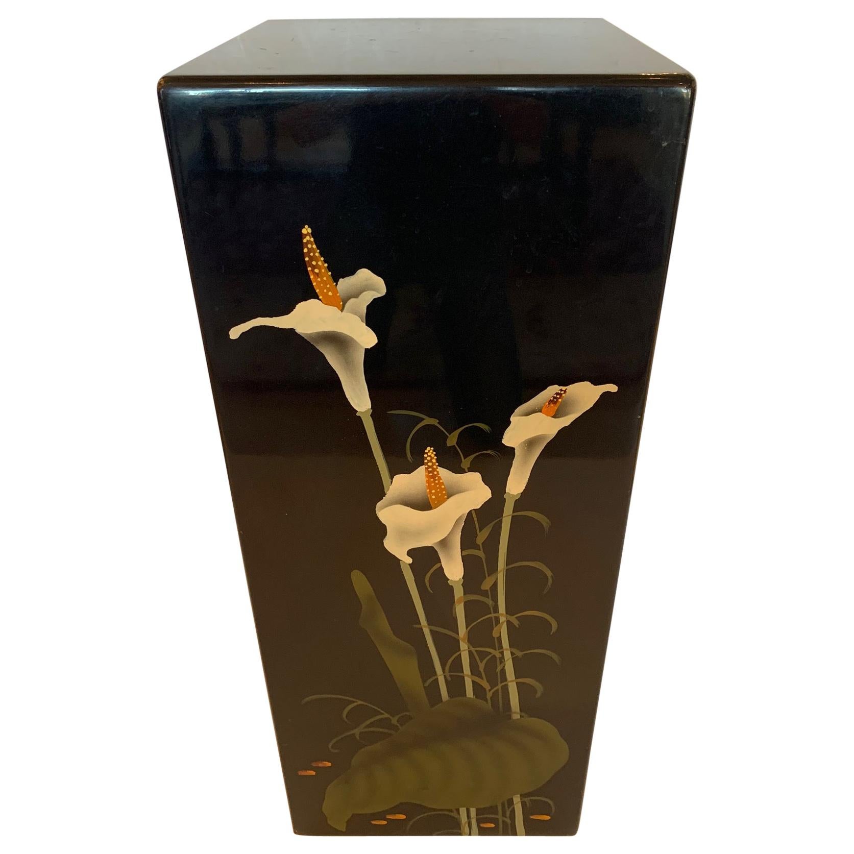 Lovely Black Lacquer Square Pedestal with Calla Lillies For Sale