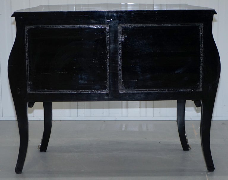 Lovely Black Lacquered French Bombe Chest Of Drawers With Silver