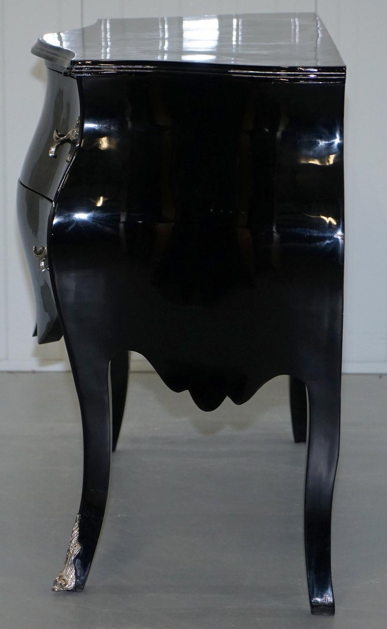 Lovely Black Lacquered French Bombe Chest of Drawers with Silver
