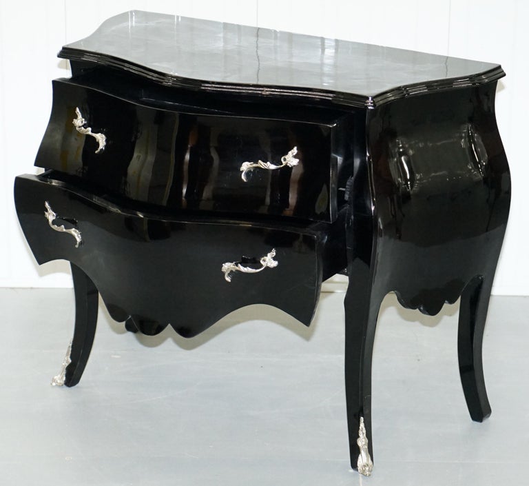 Lovely Black Lacquered French Bombe Chest of Drawers with Silver