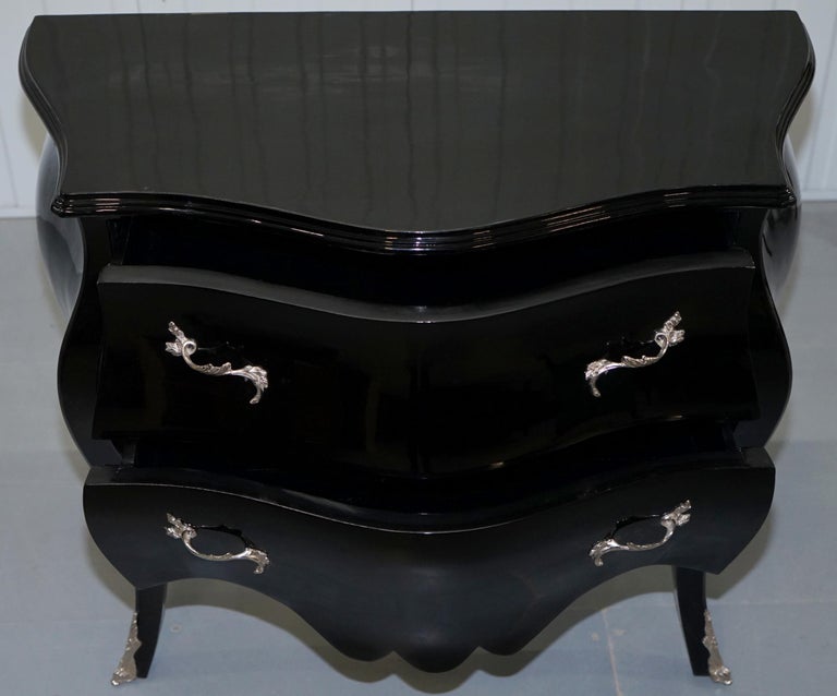 Lovely Black Lacquered French Bombe Chest of Drawers with Silver