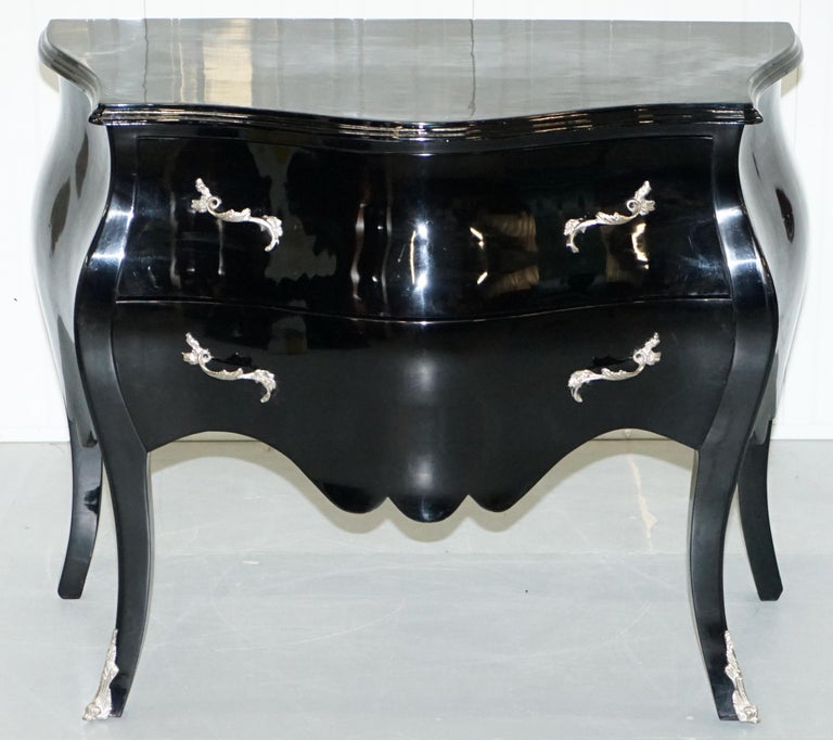 Lovely Black Lacquered French Bombe Chest Of Drawers With Silver