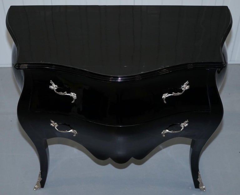 Lovely Black Lacquered French Bombe Chest Of Drawers With Silver