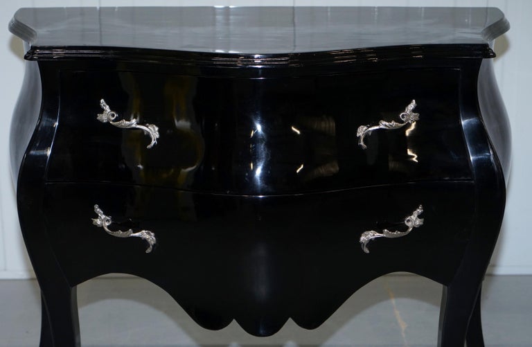 Lovely Black Lacquered French Bombe Chest Of Drawers With Silver