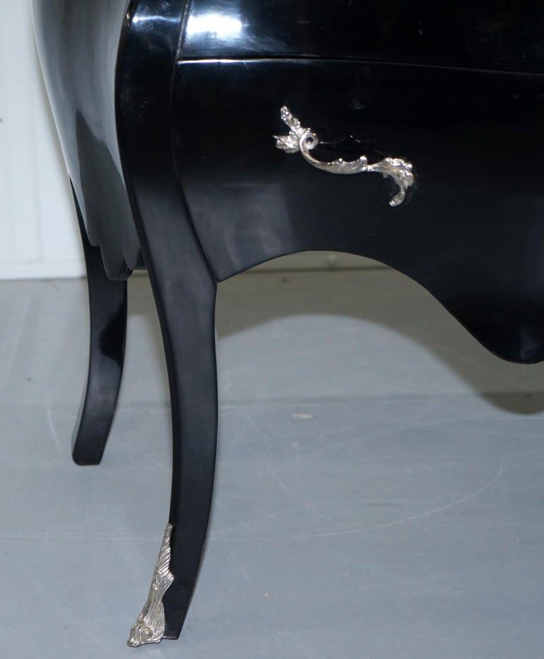 Lovely Black Lacquered French Bombe Chest of Drawers with Silver
