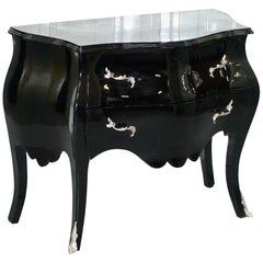 Lovely Black Lacquered French Bombe Chest of Drawers with Silver Fittings