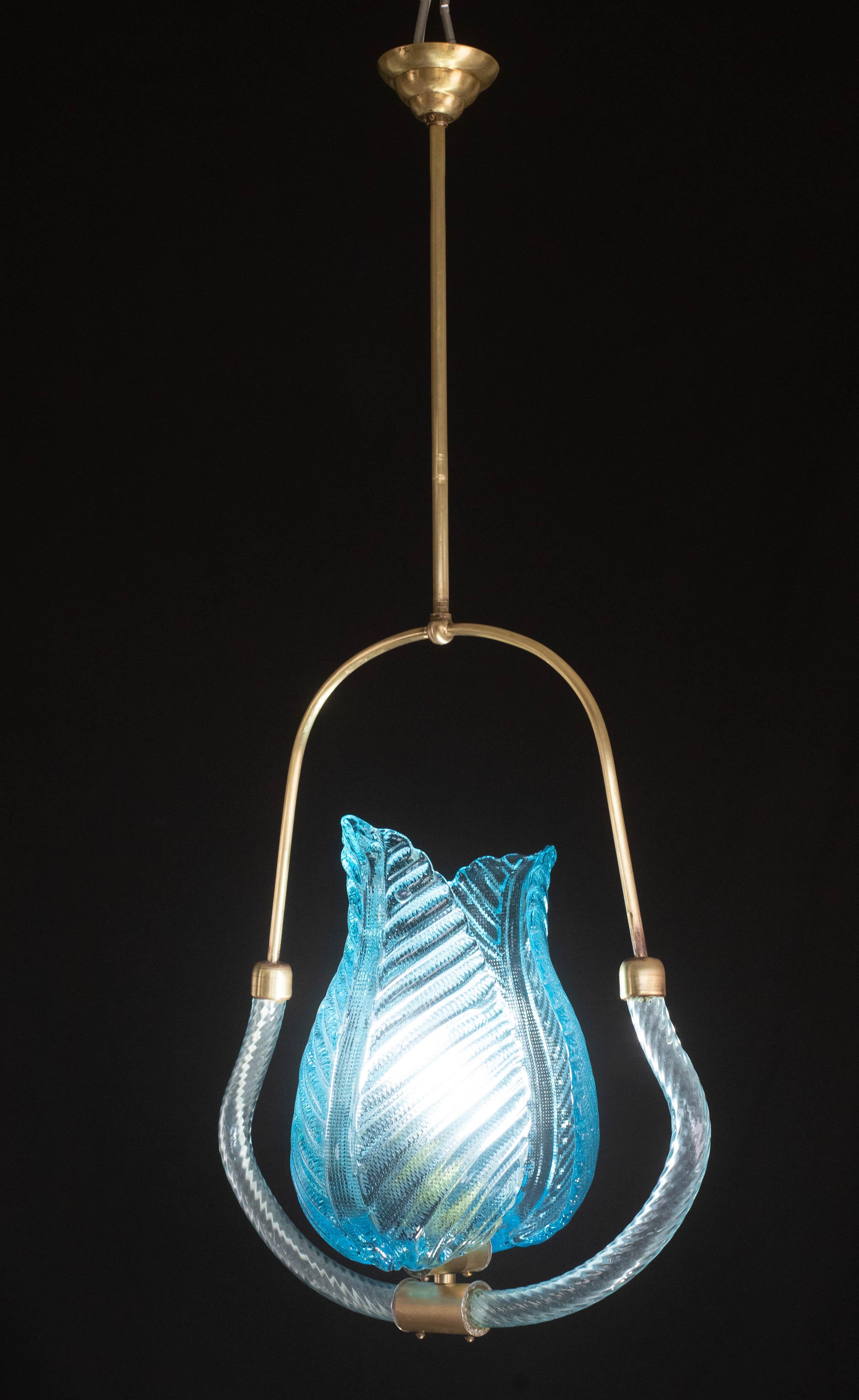 European Lovely Blue Art Decò Barovier e Toso Pendant Light, 1930s For Sale