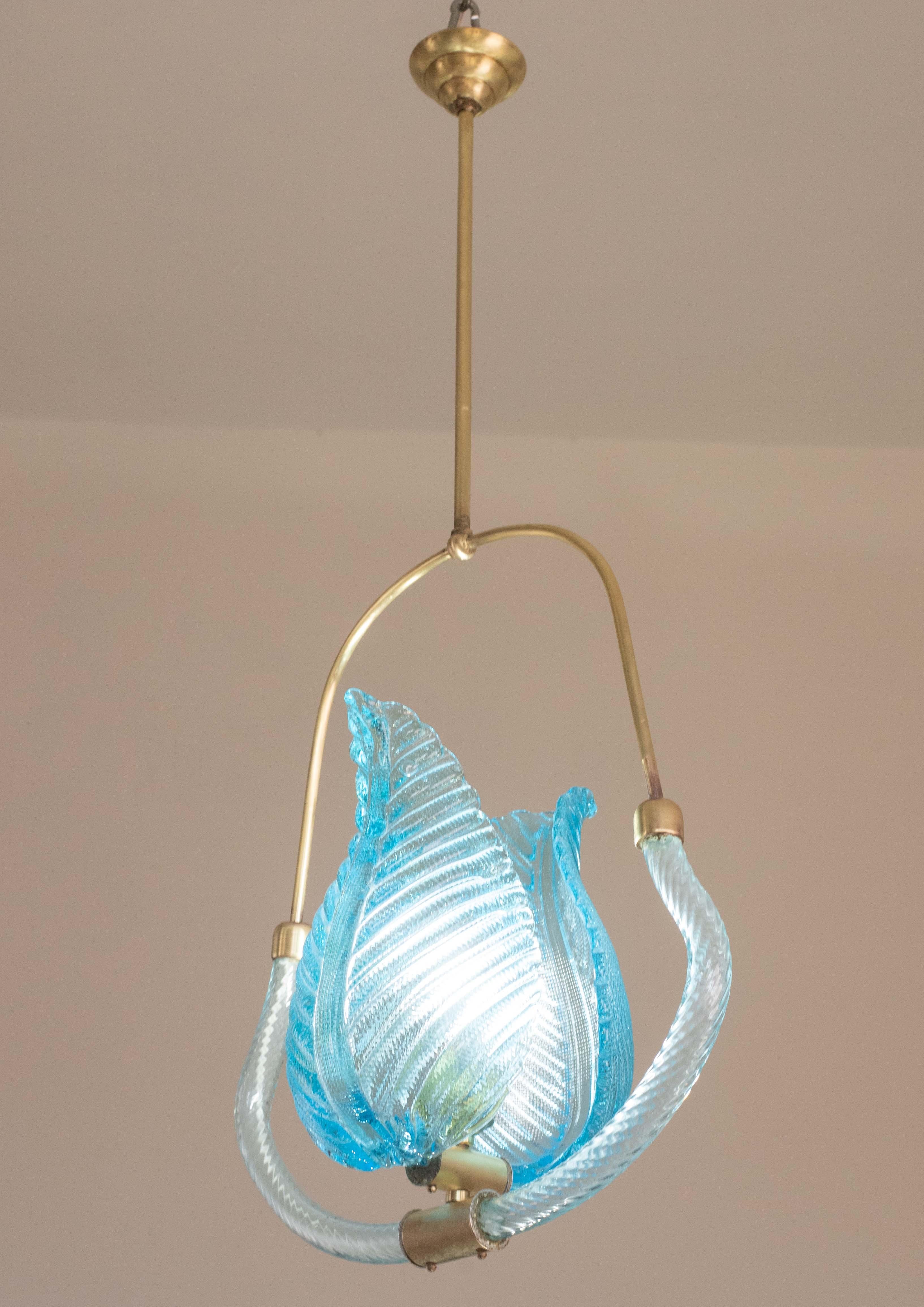 Murano Glass Lovely Blue Art Decò Barovier e Toso Pendant Light, 1930s For Sale