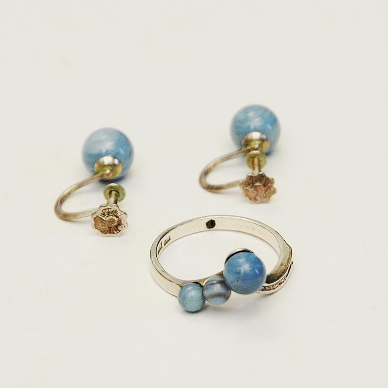 Polished Lovely Blue Stone Set of Vintage Silverring and Earrings Sweden, 1980s For Sale