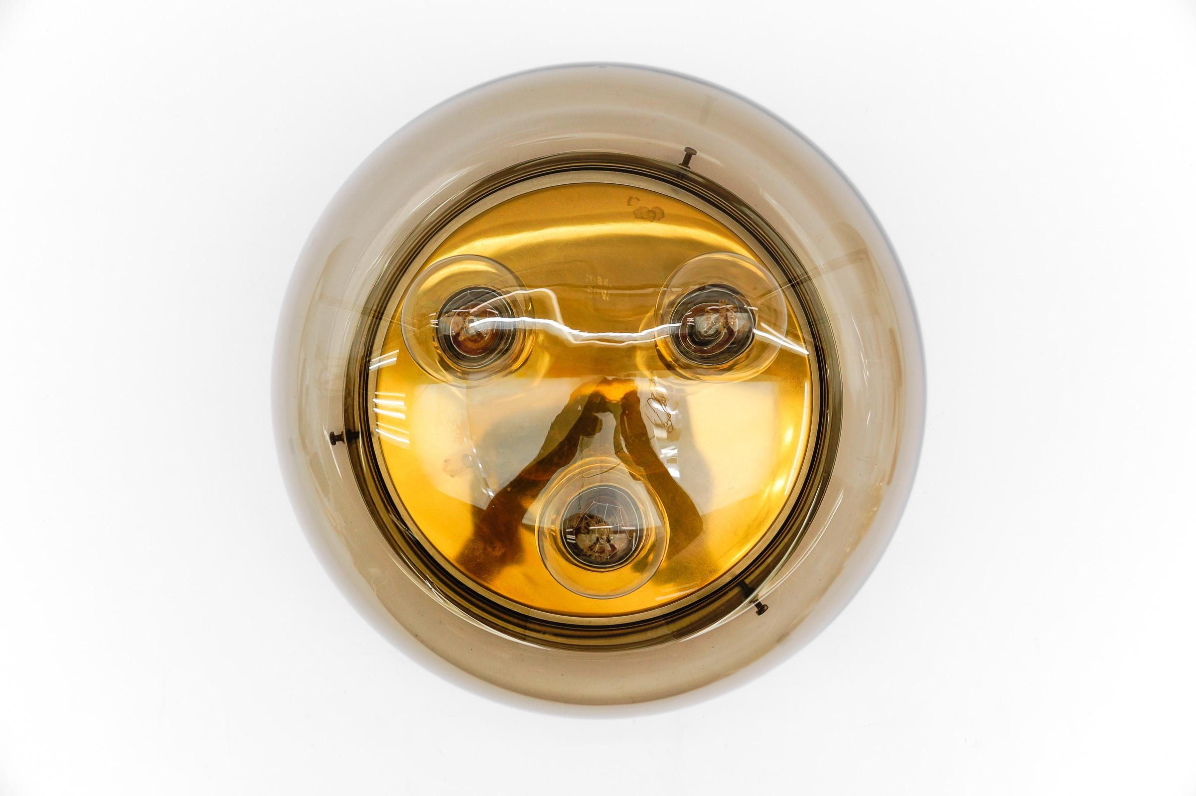 Lovely Brass and Smoked Glass Flush Mount, Germany 1960s For Sale 5