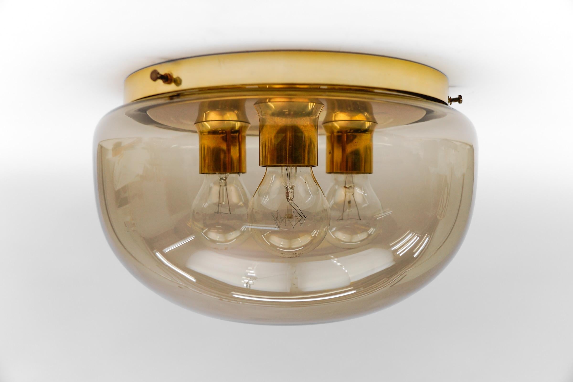 Lovely Brass and Smoked Glass Flush Mount, Germany 1960s

The fixture need 3x E27 standard bulb with 60W max.

Light bulbs are not included. 
It is possible to install this fixture in all countries (US, Australia, Asia, UK, Europe,..)