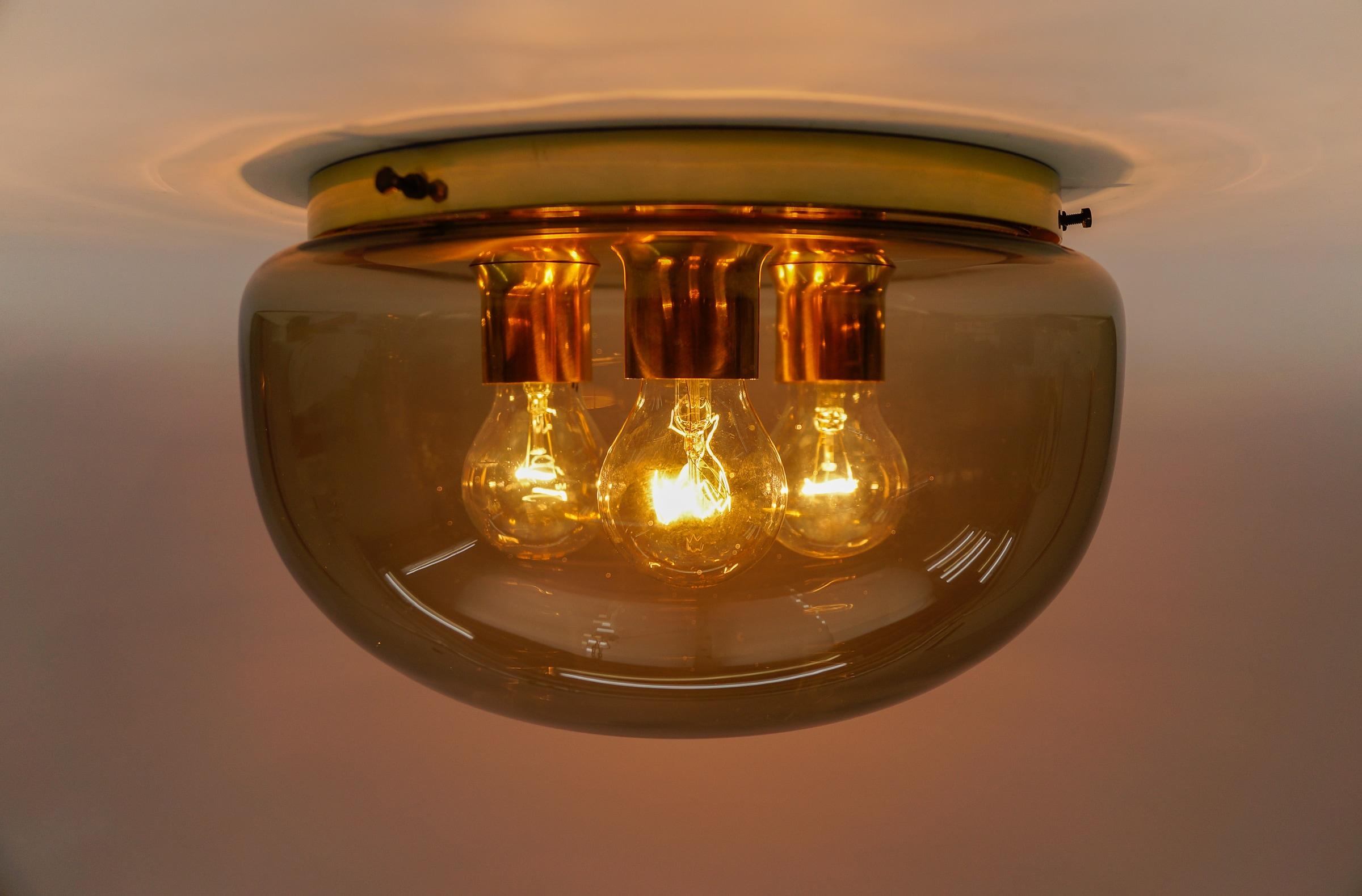Mid-Century Modern Lovely Brass and Smoked Glass Flush Mount, Germany 1960s For Sale