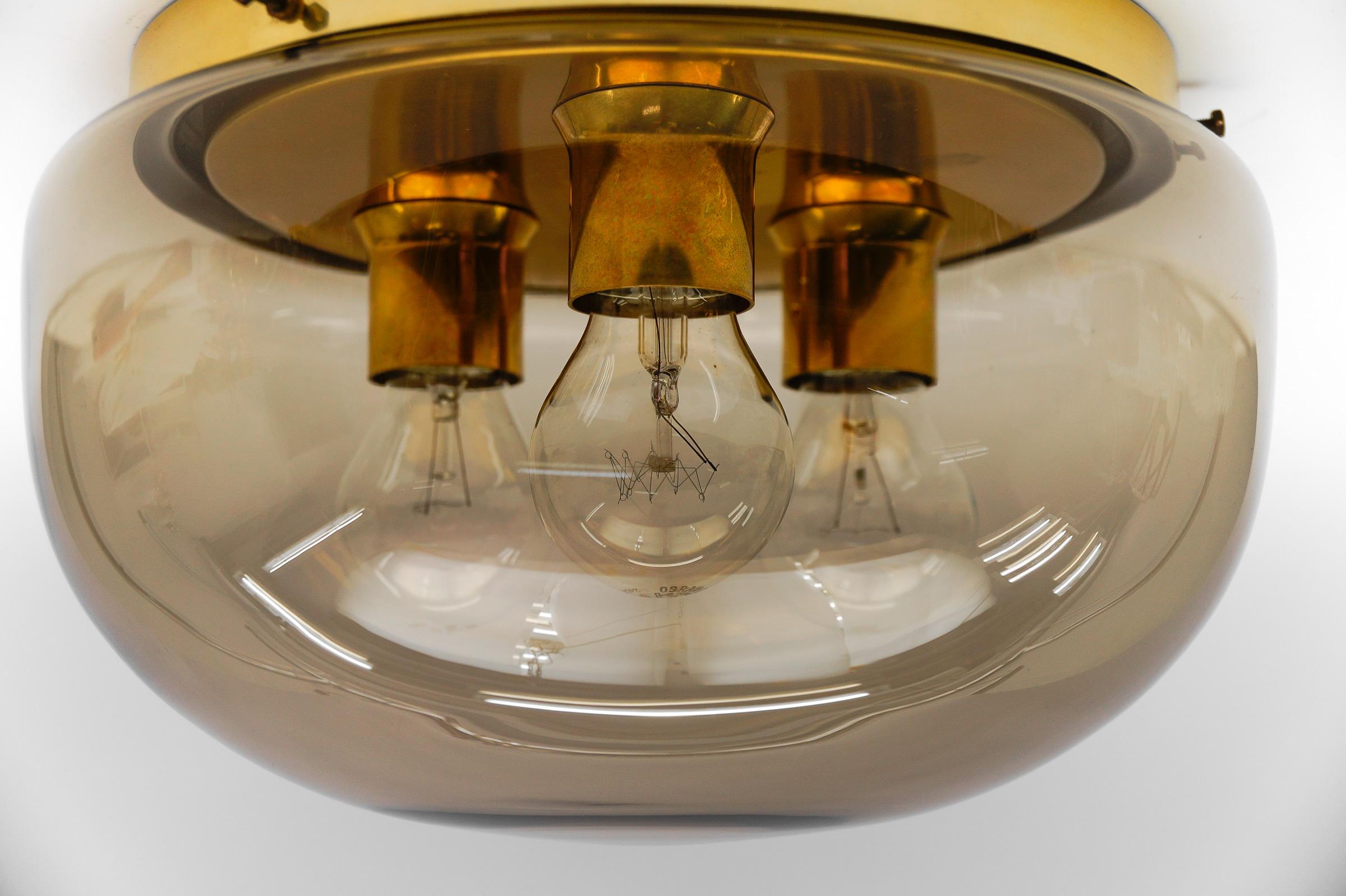 Mid-20th Century Lovely Brass and Smoked Glass Flush Mount, Germany 1960s For Sale