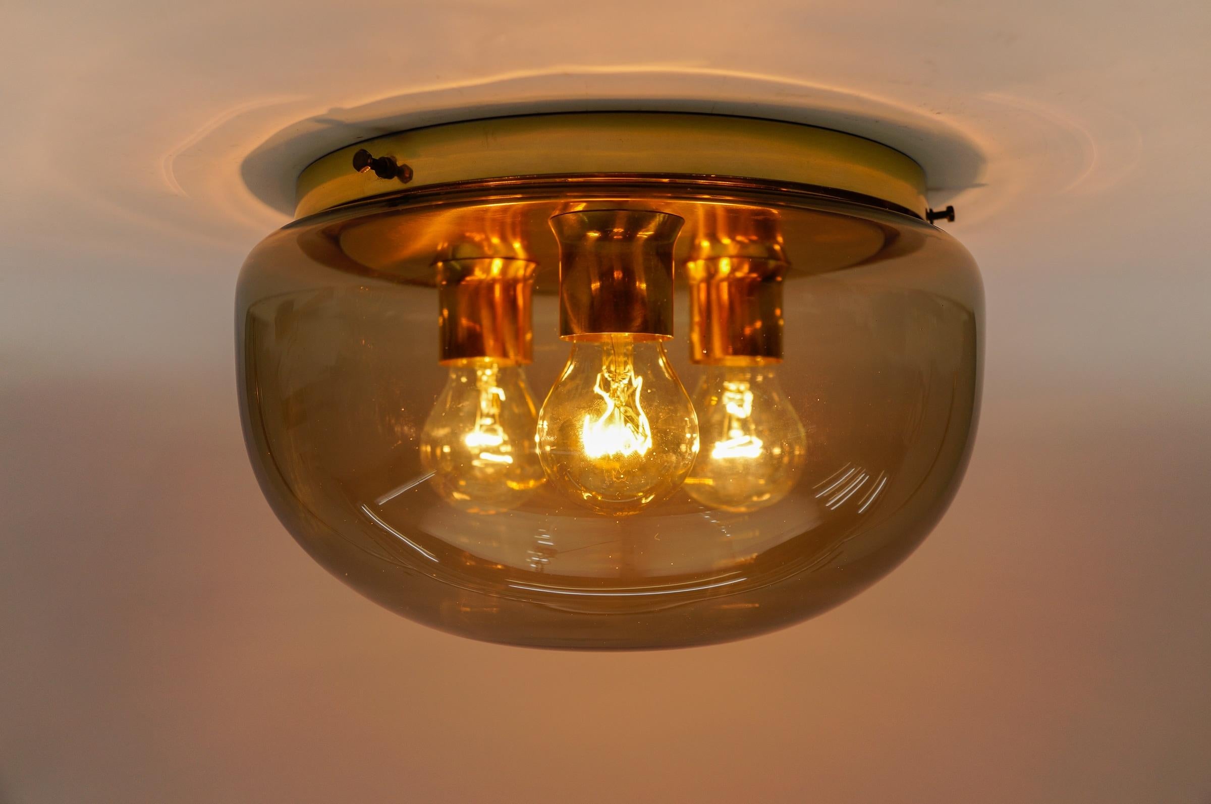 Metal Lovely Brass and Smoked Glass Flush Mount, Germany 1960s For Sale