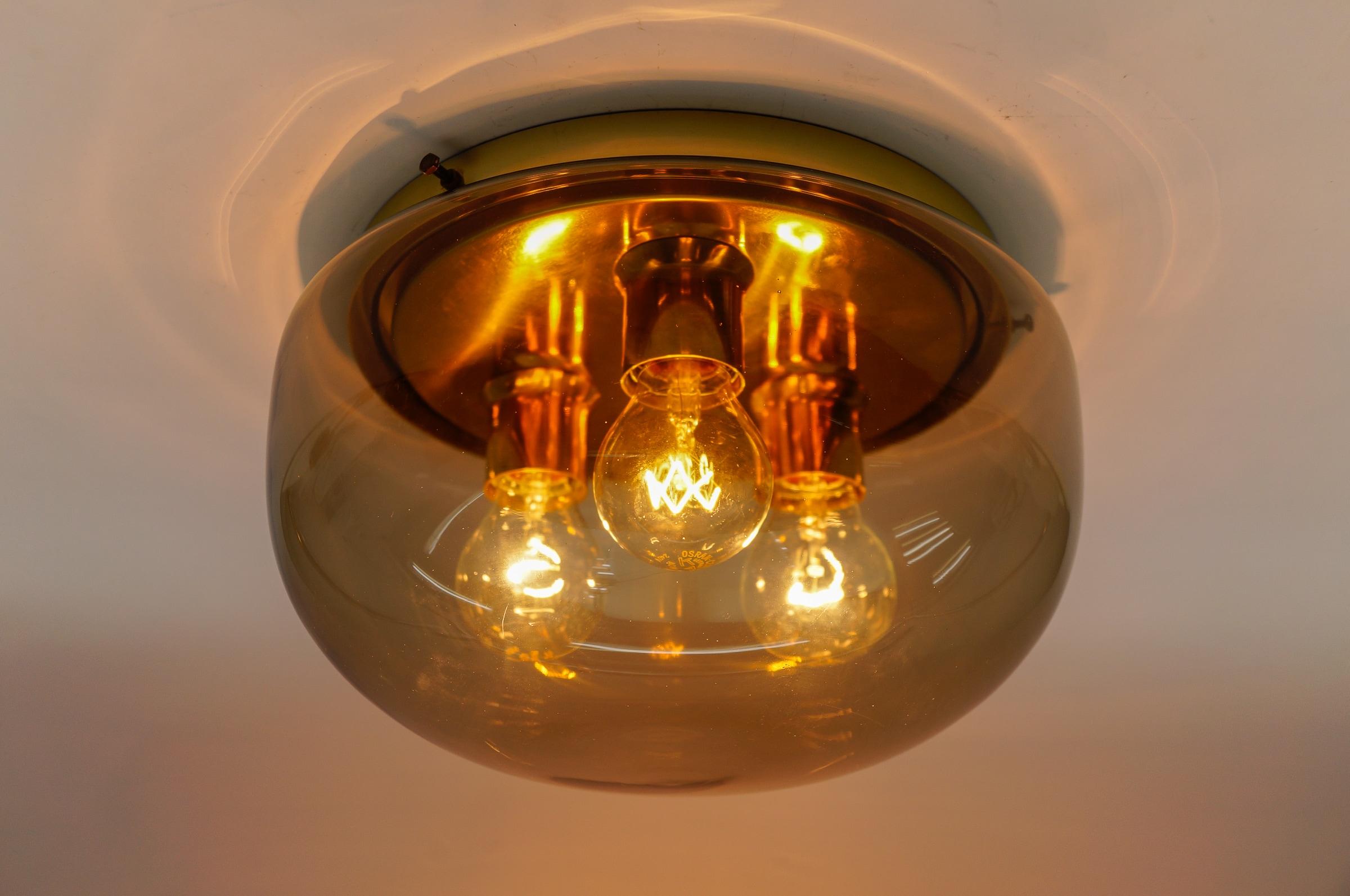 Lovely Brass and Smoked Glass Flush Mount, Germany 1960s For Sale 1