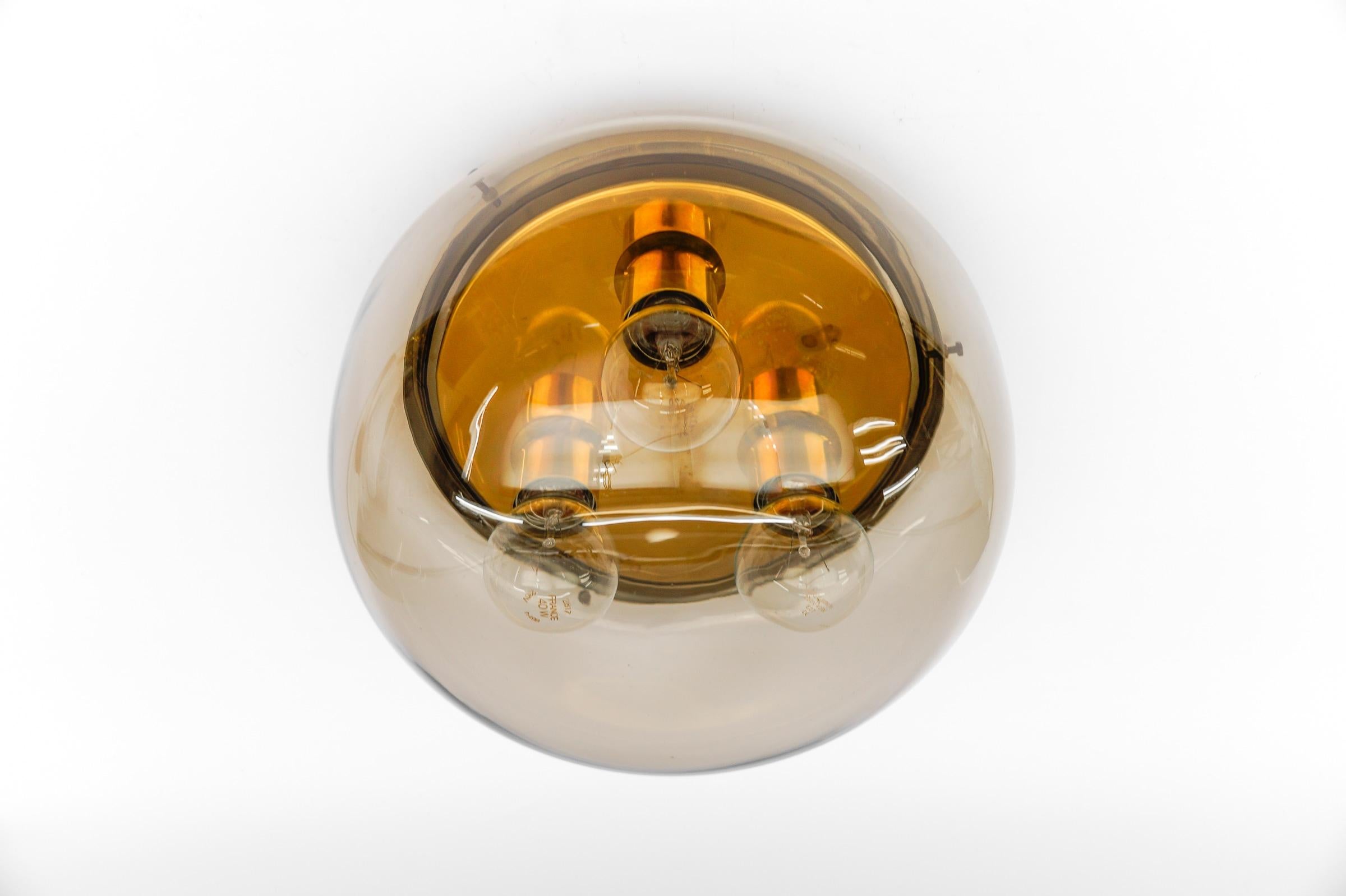 Lovely Brass and Smoked Glass Flush Mount, Germany 1960s For Sale 2