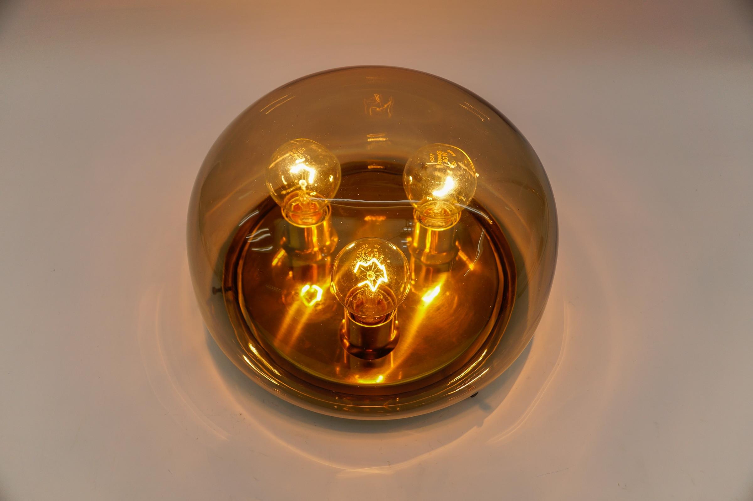 Lovely Brass and Smoked Glass Flush Mount, Germany 1960s For Sale 3