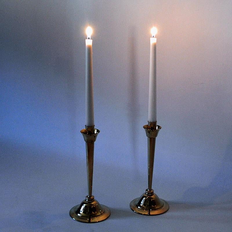Polished Lovely Brass Candleholder Pair by Lars Holmström, 1960s, Sweden For Sale