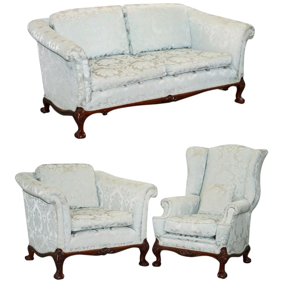 Lovely Brights of Nettlebed Three Piece Sofa & Armchair Suite Damask Upholstery