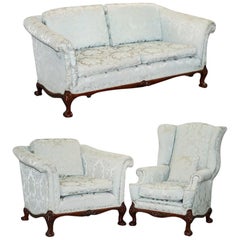 Vintage Lovely Brights of Nettlebed Three Piece Sofa & Armchair Suite Damask Upholstery