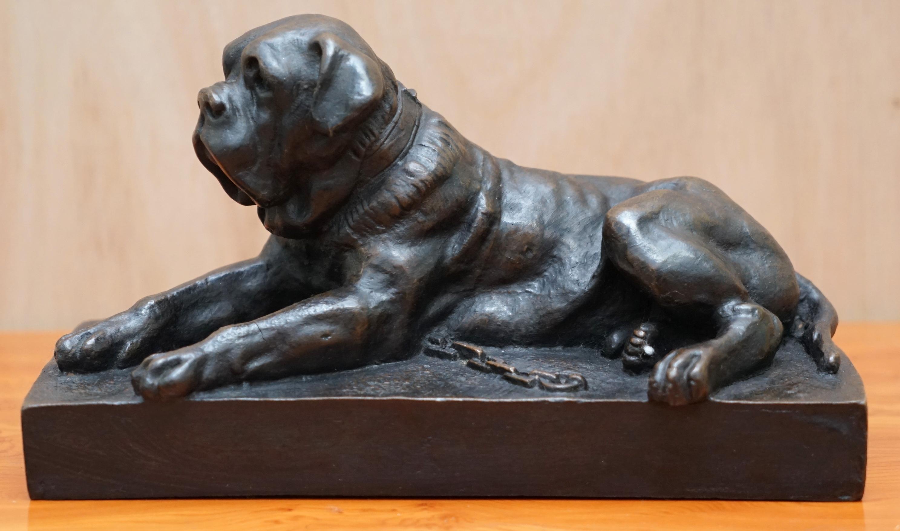 We are delighted to offer for sale this lovely solid bronze statue of a Mastiff dog laying down

A good looking and well made piece, very decorative, 

We have cleaned waxed and polished it, there doesn’t seem to be any issues at all to