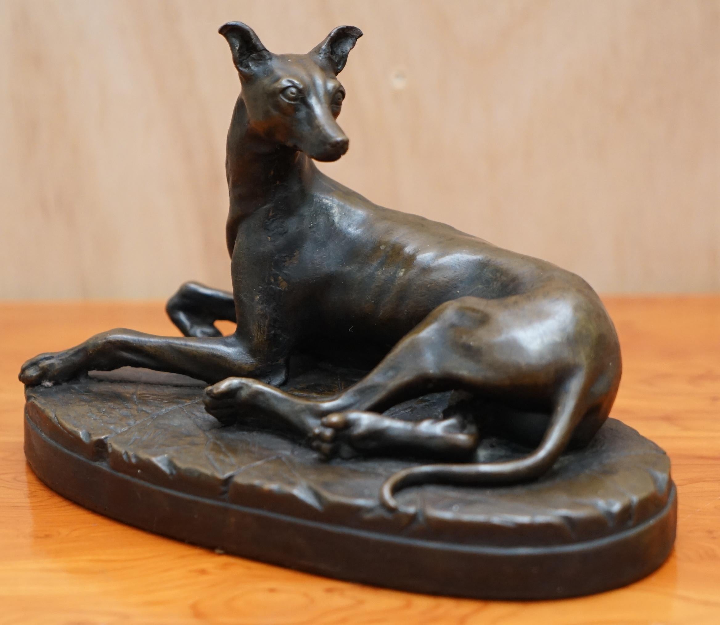 Art Deco Lovely Bronze Statue of a Whippet Dog Laying Down with a Expecting Expression