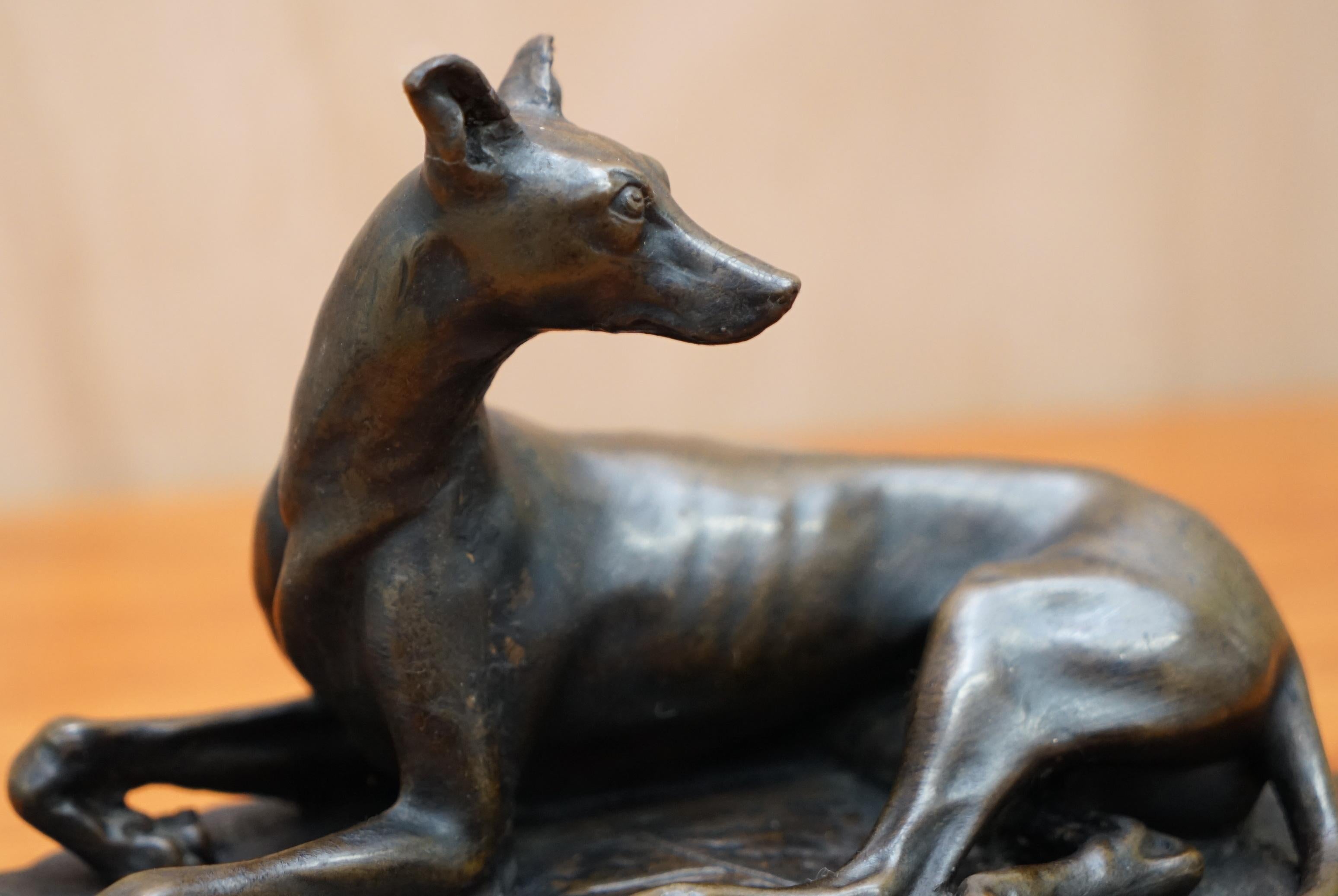 Hand-Crafted Lovely Bronze Statue of a Whippet Dog Laying Down with a Expecting Expression