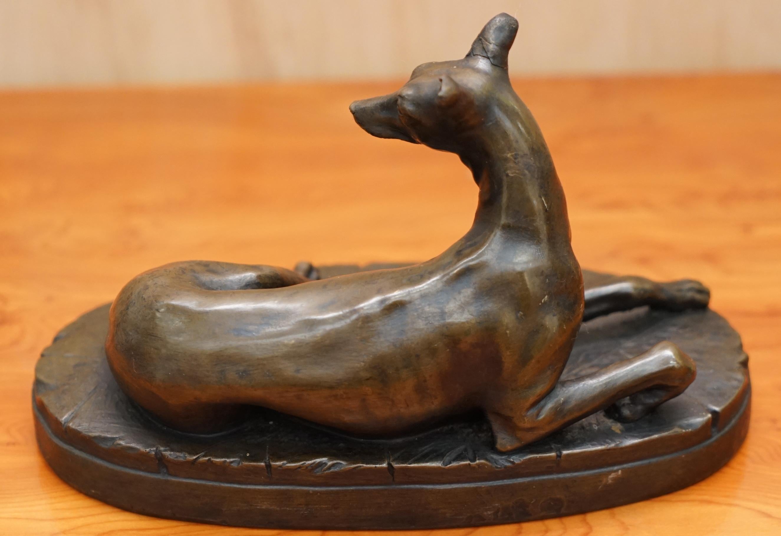 Lovely Bronze Statue of a Whippet Dog Laying Down with a Expecting Expression 2