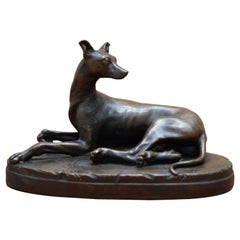 Jolie statue en bronze d'un chien Whippet couché avec une expression d'attente