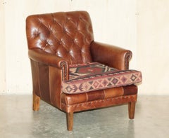 LOVELY BROWN LEATHER CHESTERFIELD TUFTED KILIM UPHOLSTERED LiBRARY ARMCHAIR