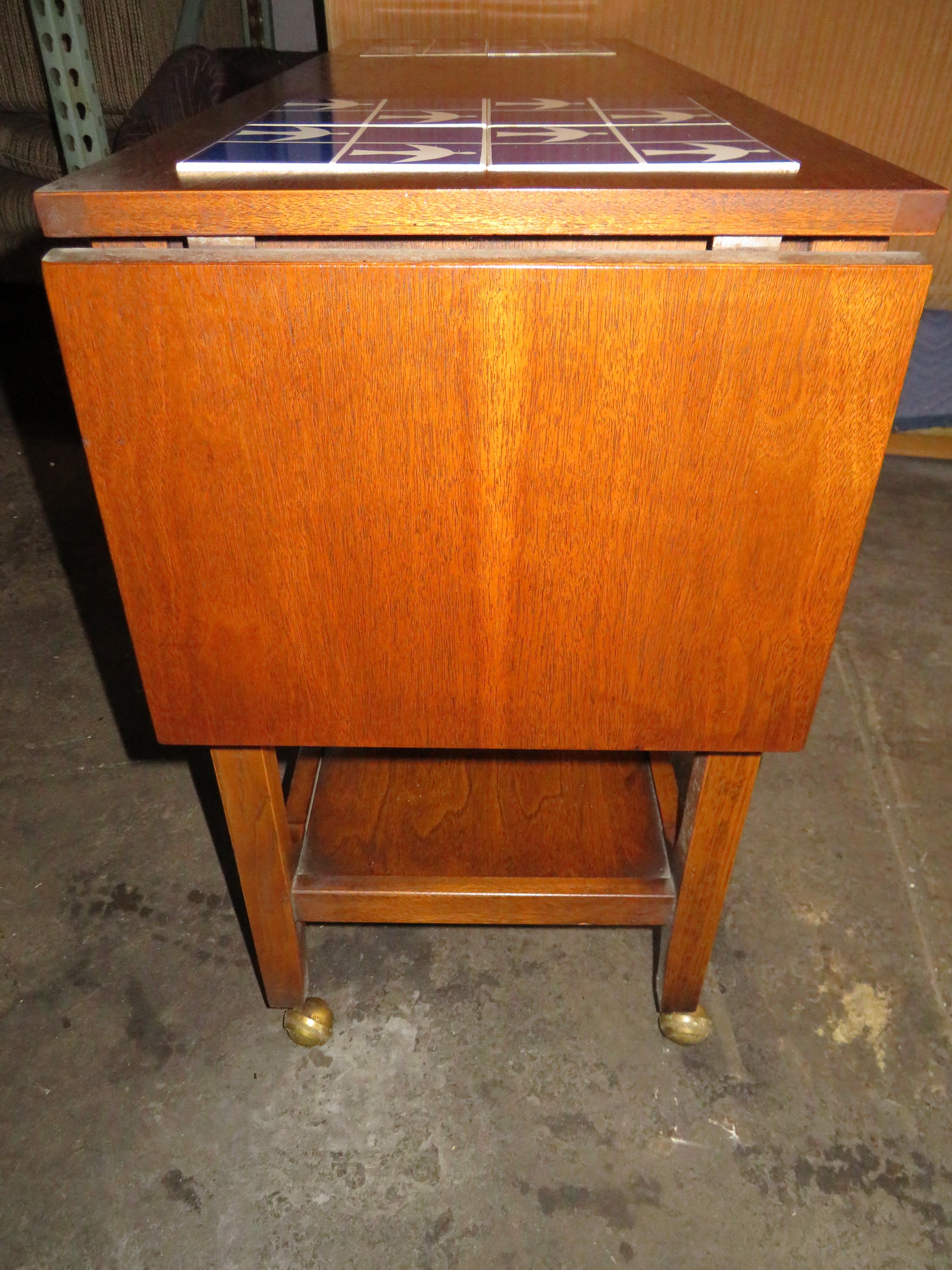 Lovely Broyhill Brasilia Dropleaf Tile Top Bar Cart Console Mid-Century Modern 2