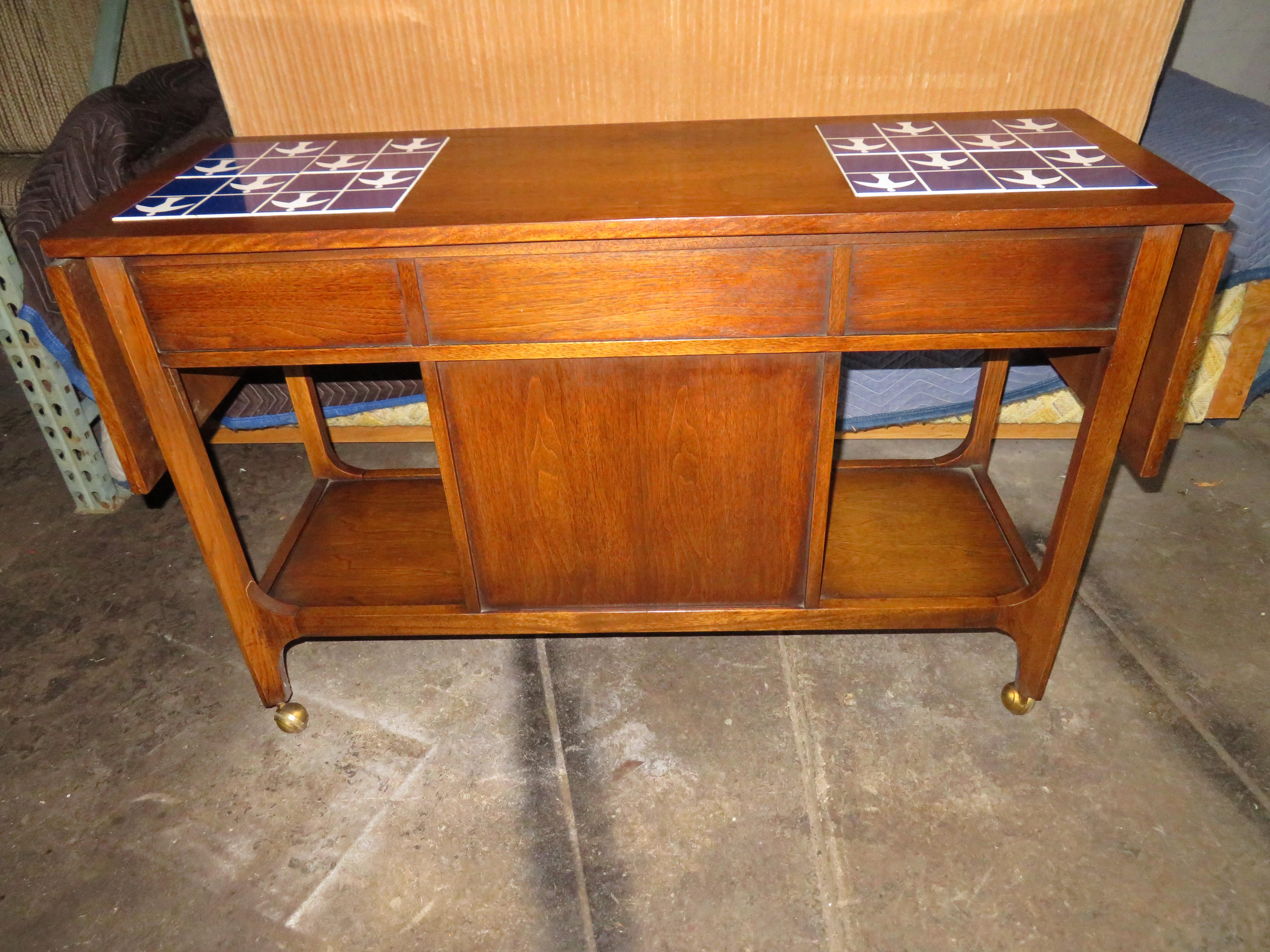Lovely Broyhill Brasilia Dropleaf Tile Top Bar Cart Console Mid-Century Modern 3