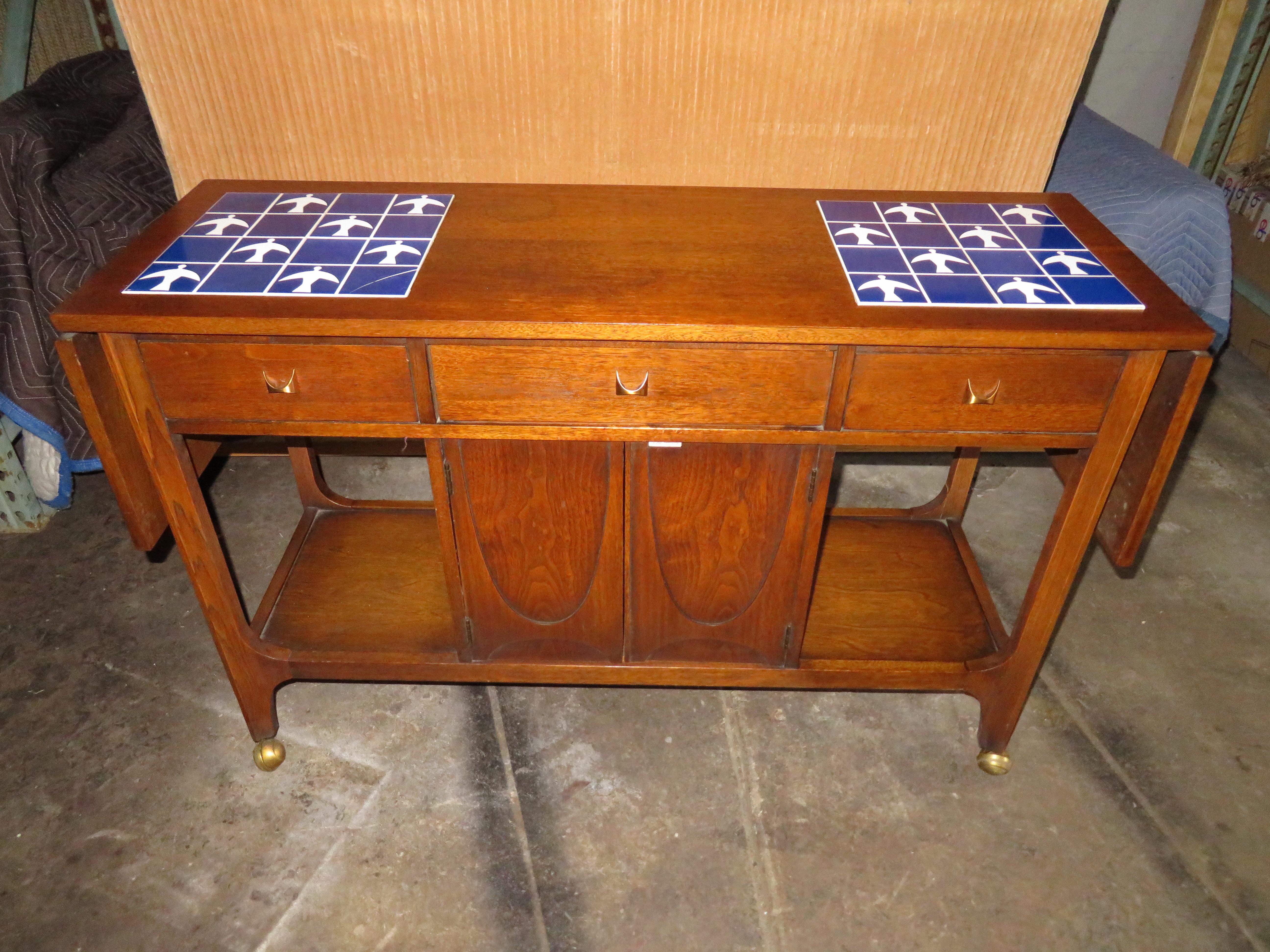 Lovely Broyhill Brasilia Dropleaf Tile Top Bar Cart Console Mid-Century Modern 5