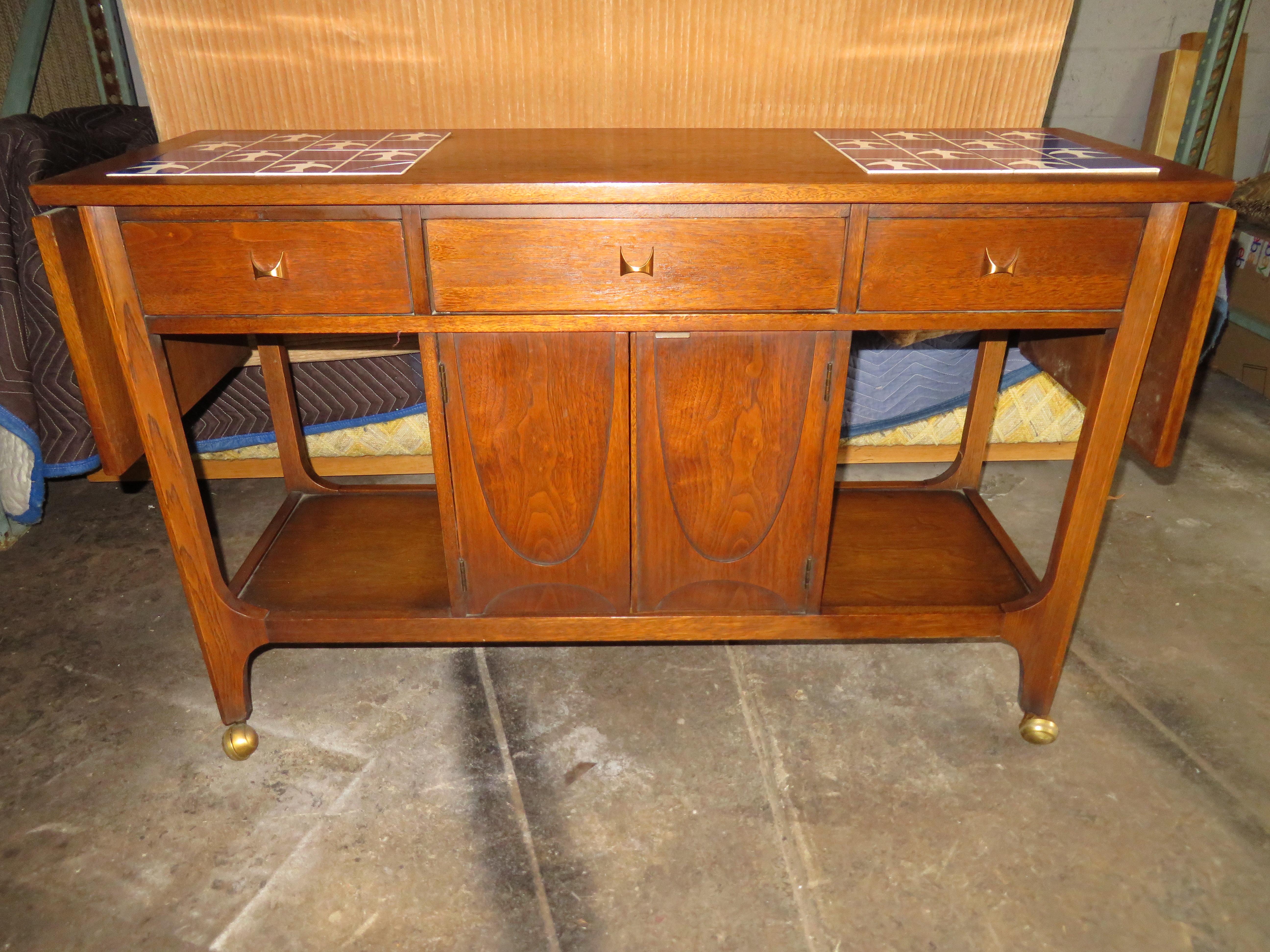 Lovely Broyhill Brasilia Dropleaf Tile Top Bar Cart Console Mid-Century Modern 6