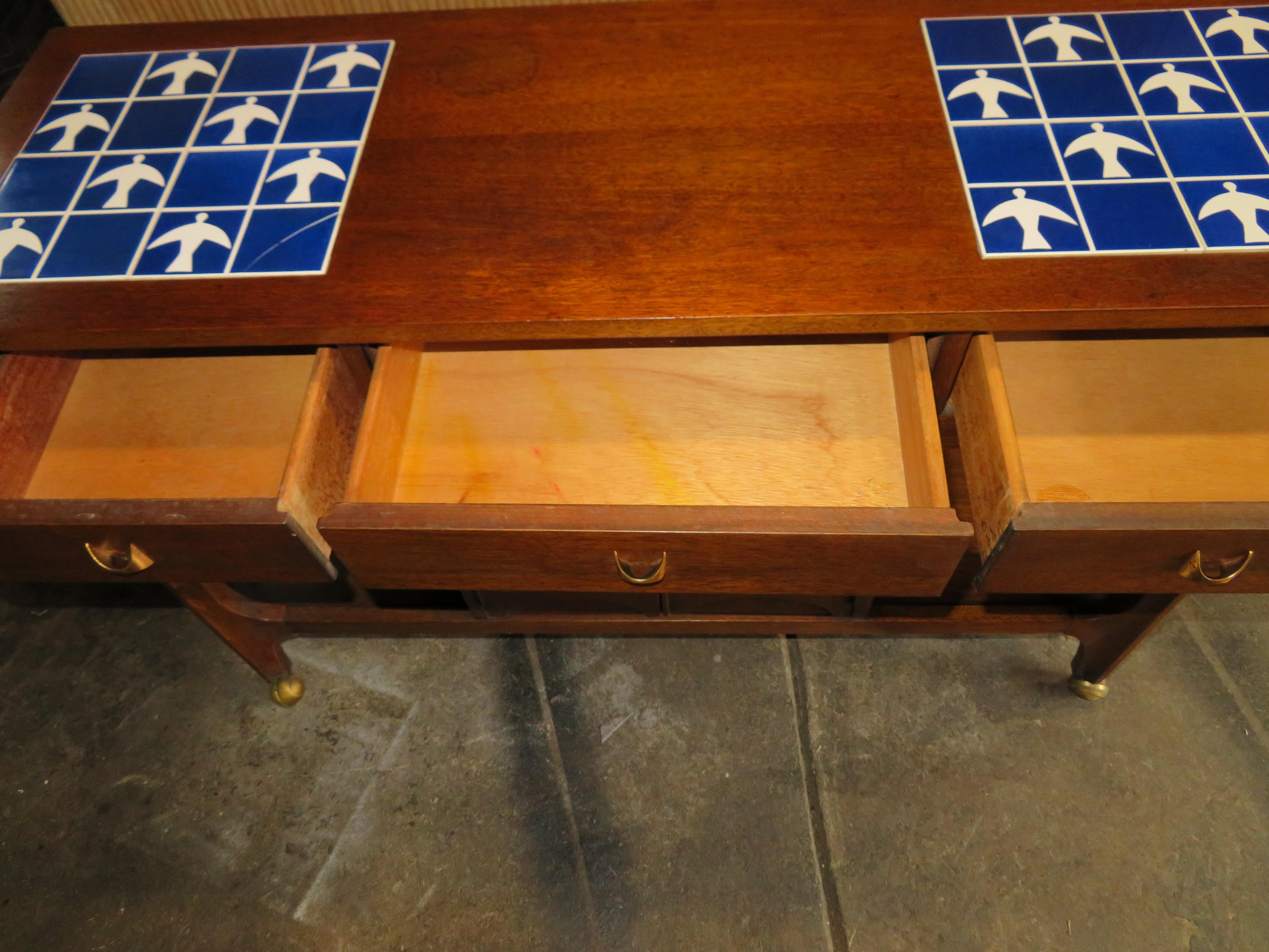 American Lovely Broyhill Brasilia Dropleaf Tile Top Bar Cart Console Mid-Century Modern