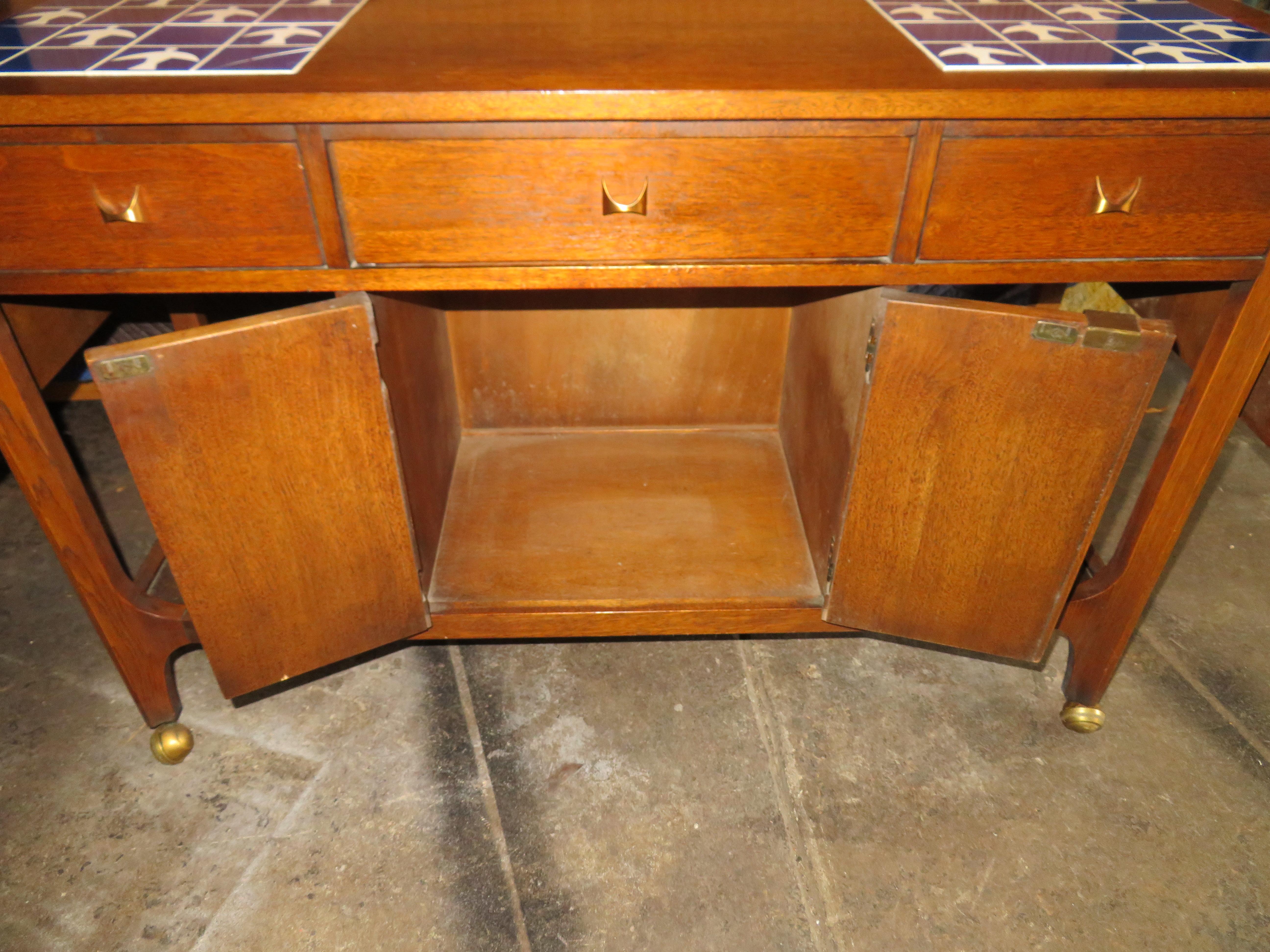 Mid-20th Century Lovely Broyhill Brasilia Dropleaf Tile Top Bar Cart Console Mid-Century Modern