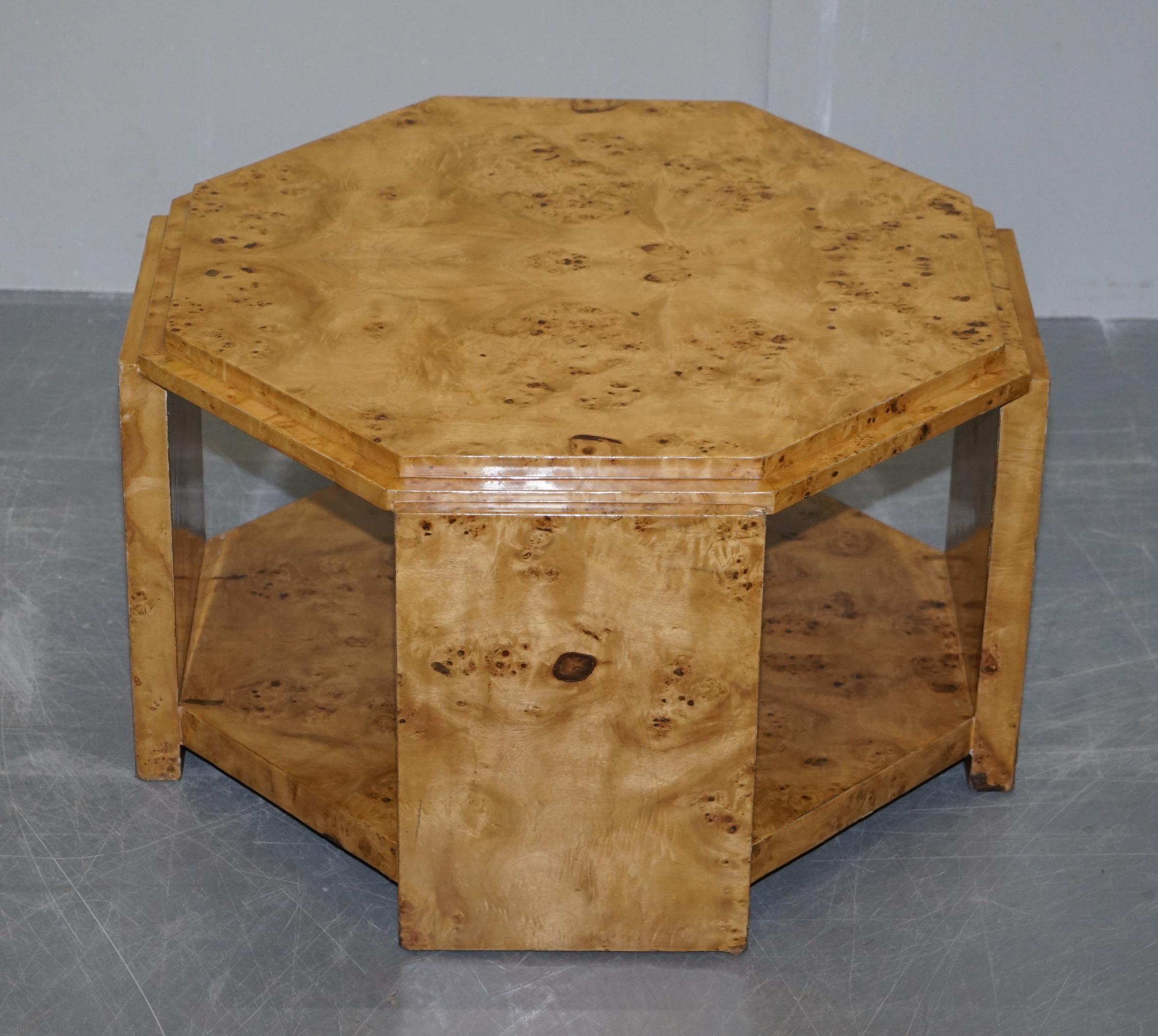 We are delighted to offer for sale this lovely Art Deco style octagonal coffee table

A very well made and decorative piece, in the Art Deco style after a design by Harry & Lou Epstein. I have the matching console table and 6 dining chairs listed