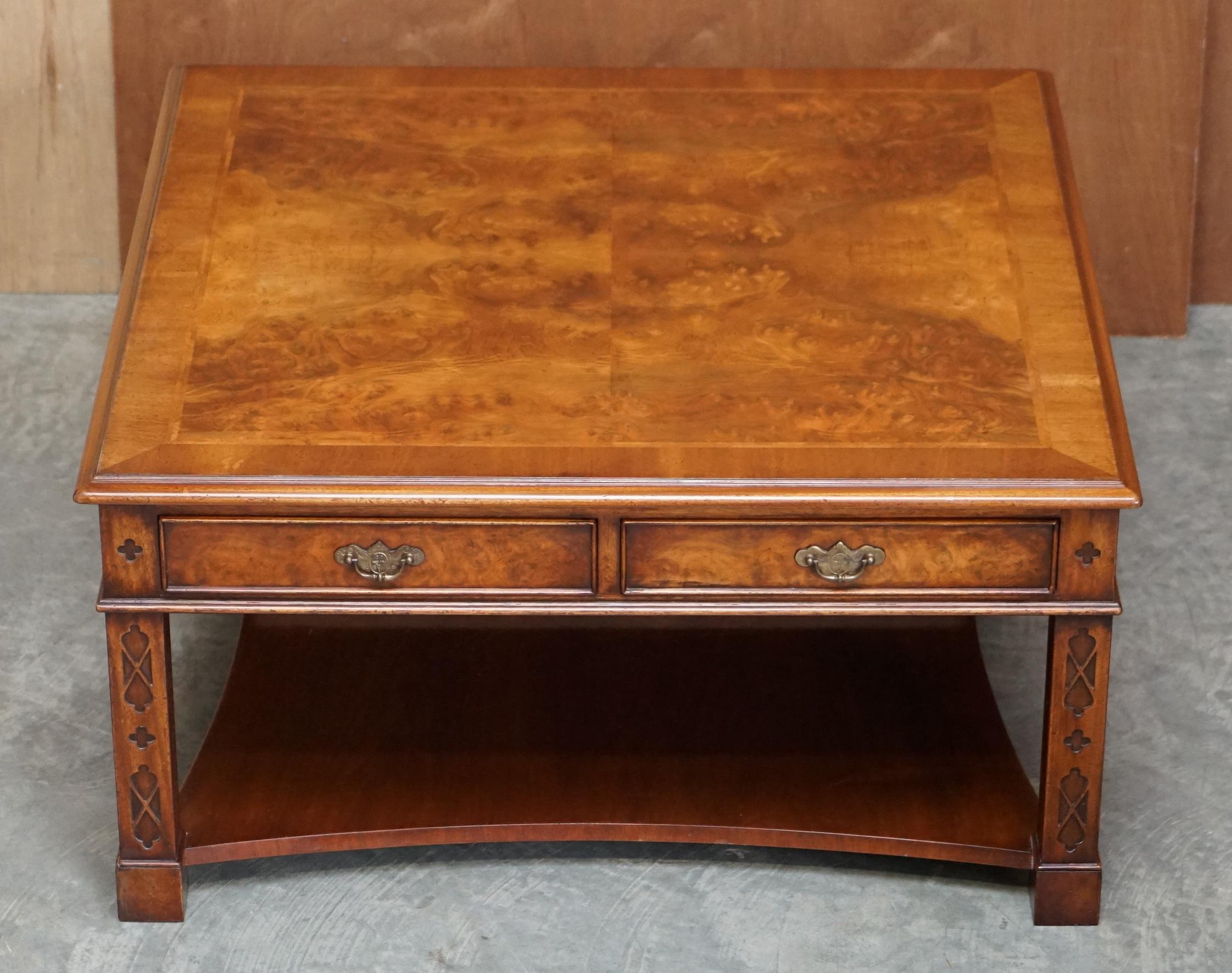 We are delighted to offer for sale this stunning Brights of Nettlebed burr walnut large four drawer coffee or cocktail table

A good looking well made and decorative piece, the timber patina is sublime, the legs are carved in the Thomas