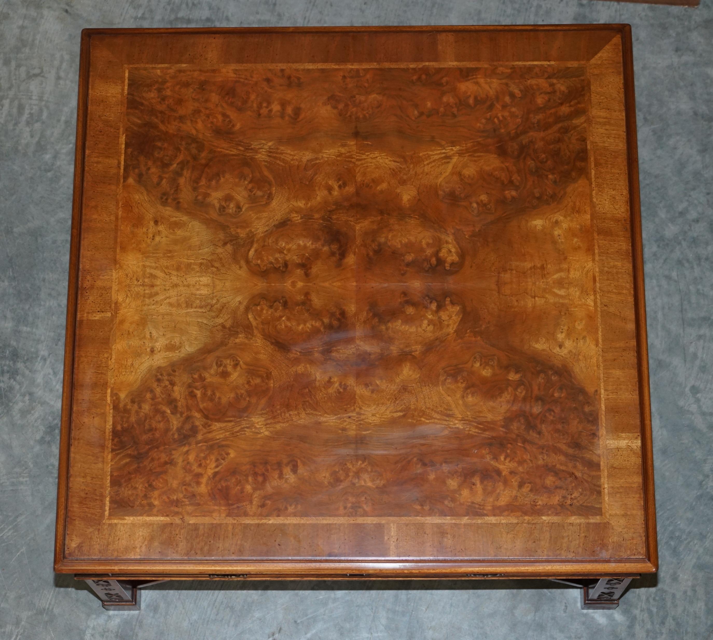 Lovely Burr Walnut Brights of Nettlebed Four Drawer Large Coffee Cocktail Table For Sale 1
