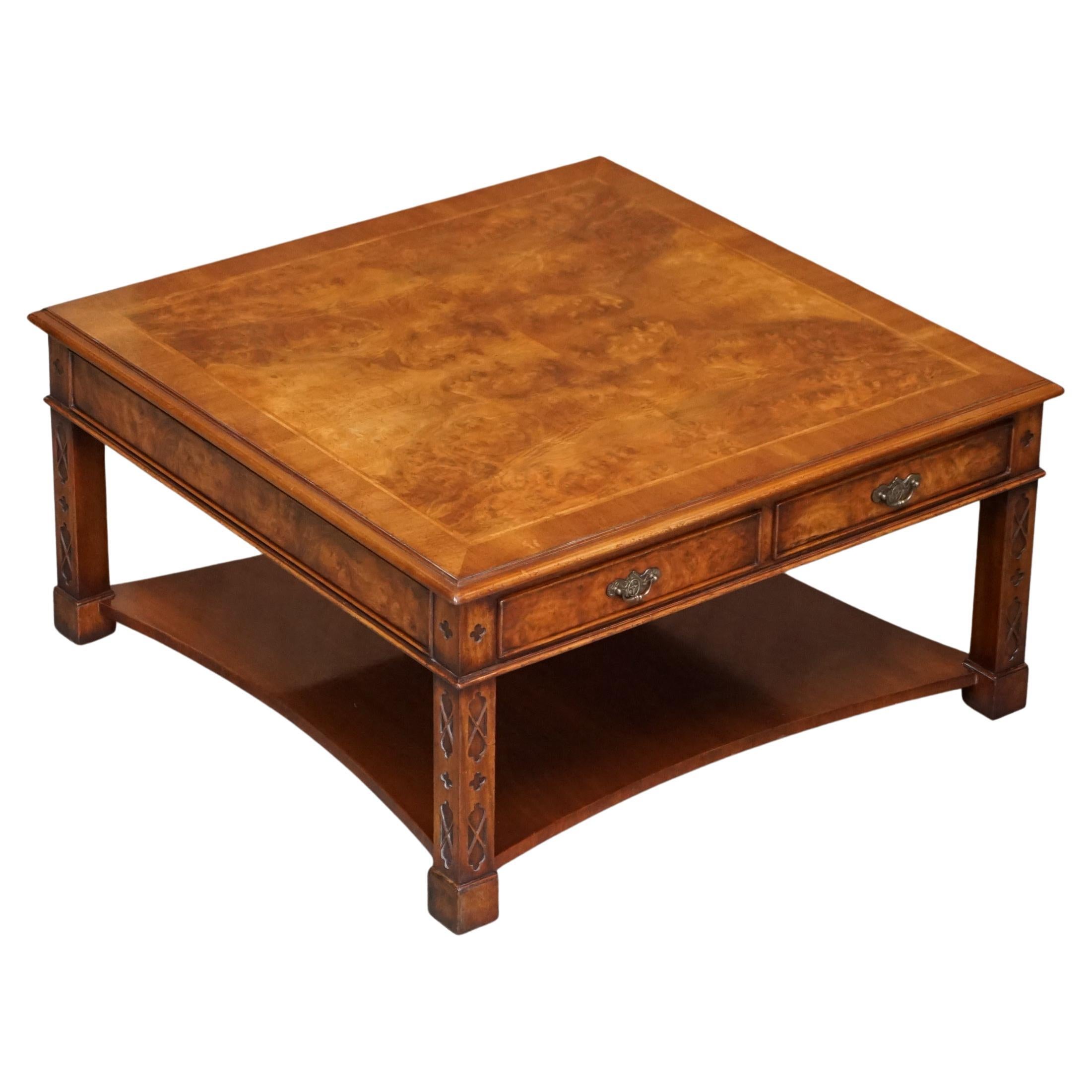Lovely Burr Walnut Brights of Nettlebed Four Drawer Large Coffee Cocktail Table For Sale