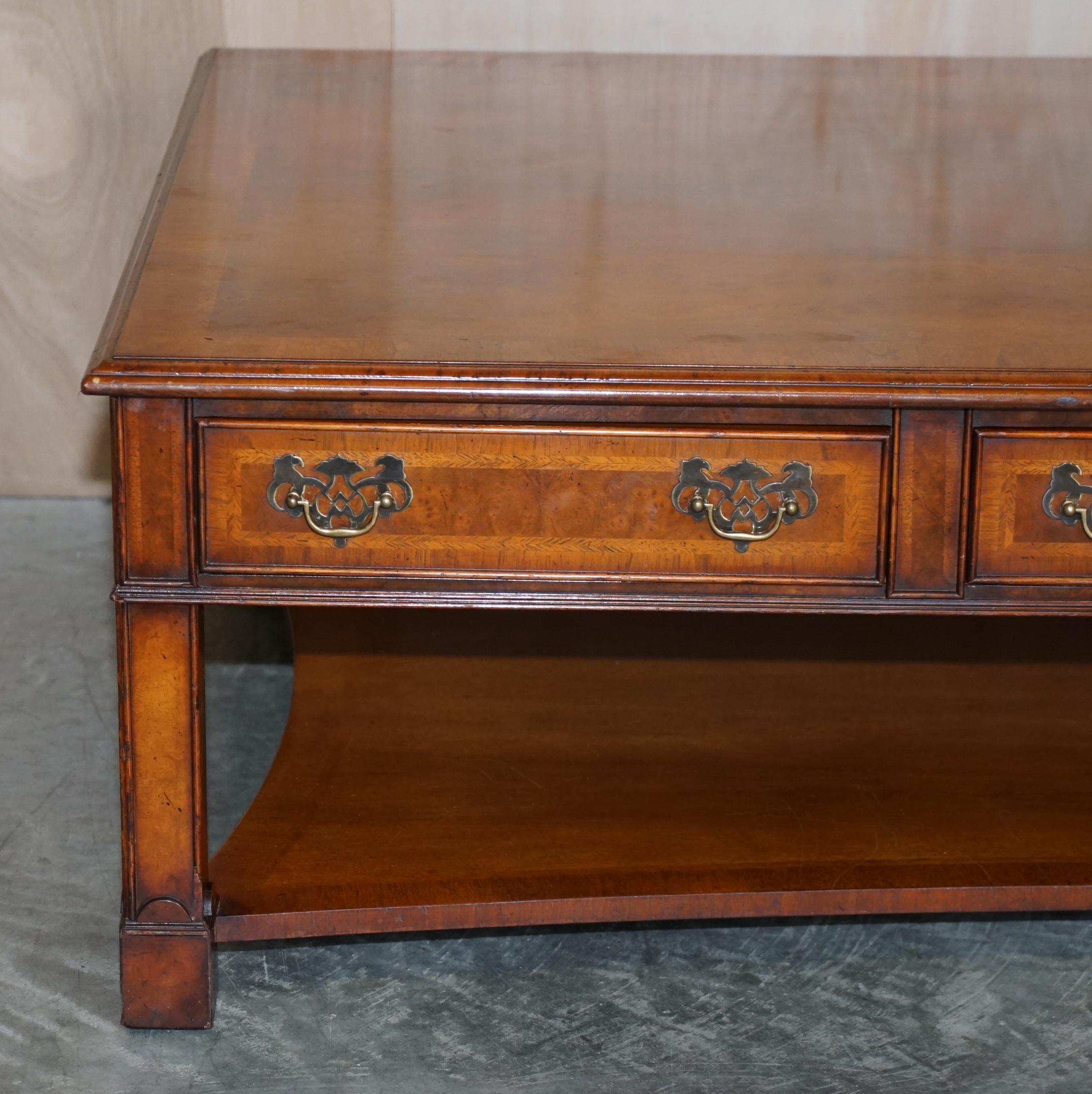 Lovely Burr Walnut Brights of Nettlebed Six Drawer Large Coffee Cocktail Table 6