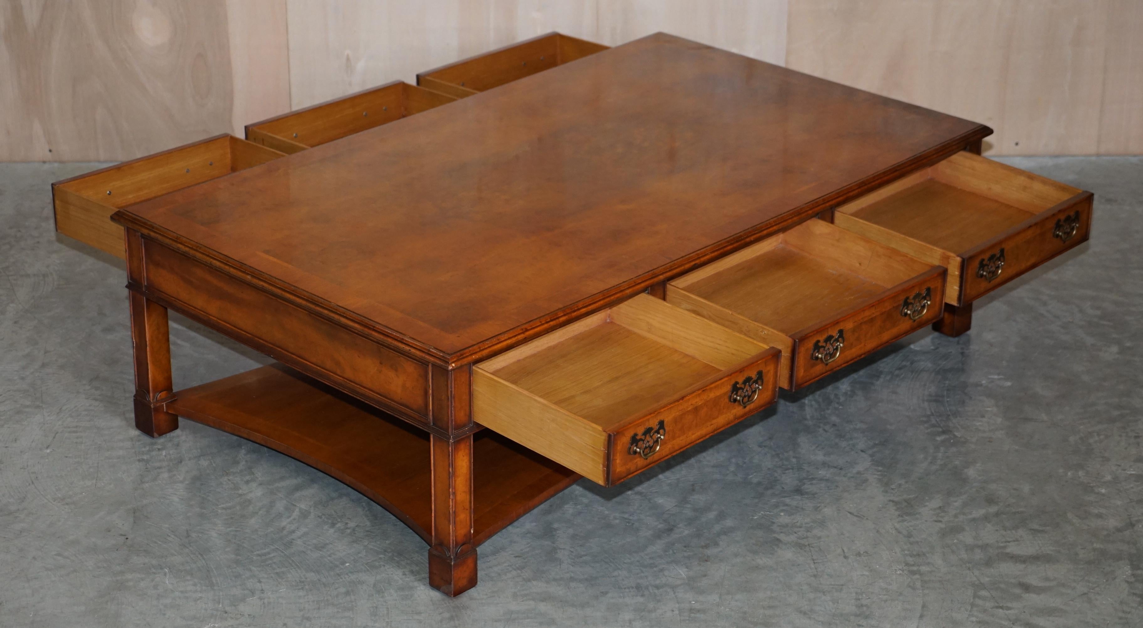Lovely Burr Walnut Brights of Nettlebed Six Drawer Large Coffee Cocktail Table 7